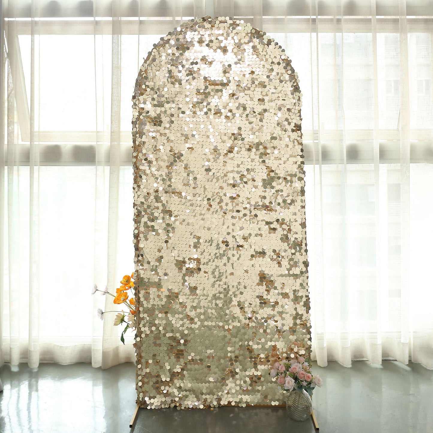 Sparkly 6 Feet Double Sided Big Payette Sequin Arch Cover For Round Top Stand In Champagne