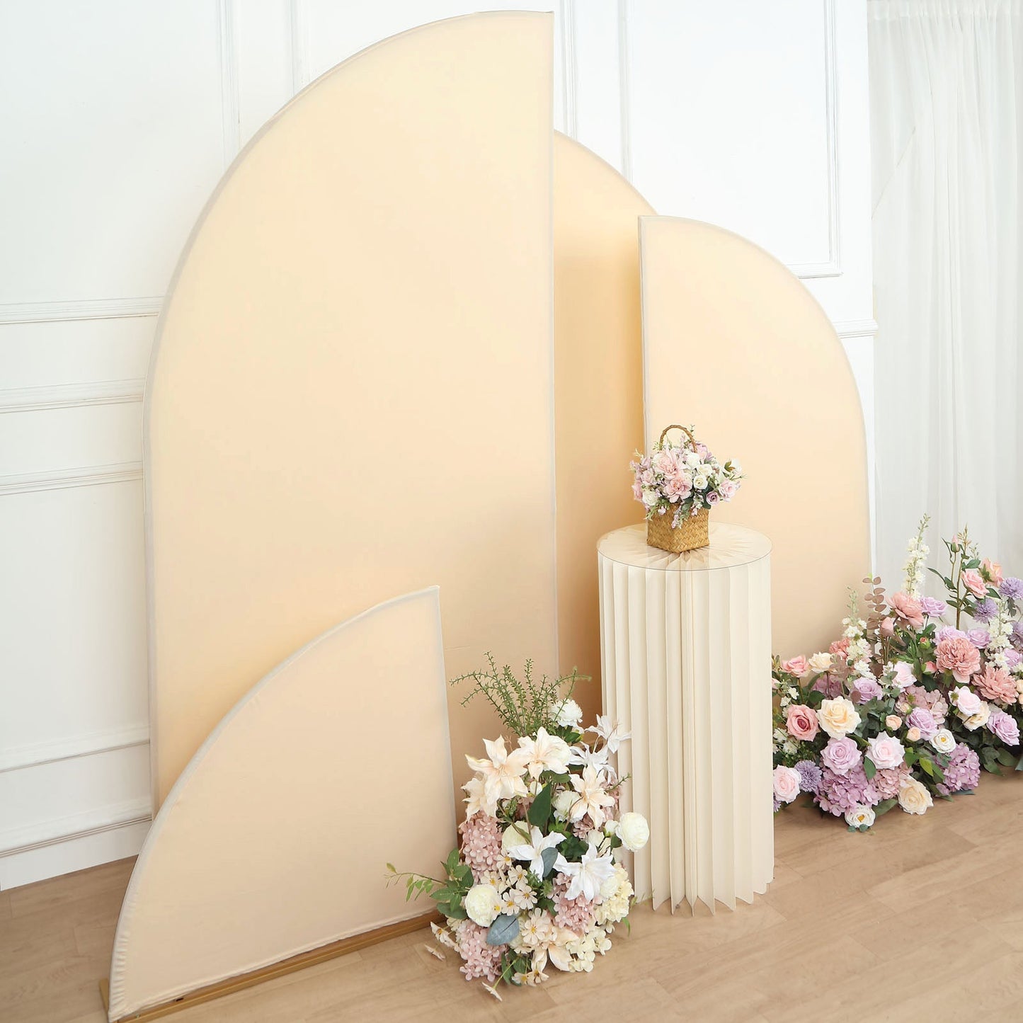 Set of 4 | Matte Beige Fitted Spandex Half Moon Wedding Arch Covers, Custom Fit Chiara Backdrop