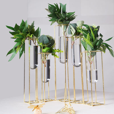 Elevate Your Event with Modern Conjoined Gold Frame Test Tube Hydroponic Vases Elevate Your Event with Modern Conjoined Gold Frame Test Tube Hydroponic Vases