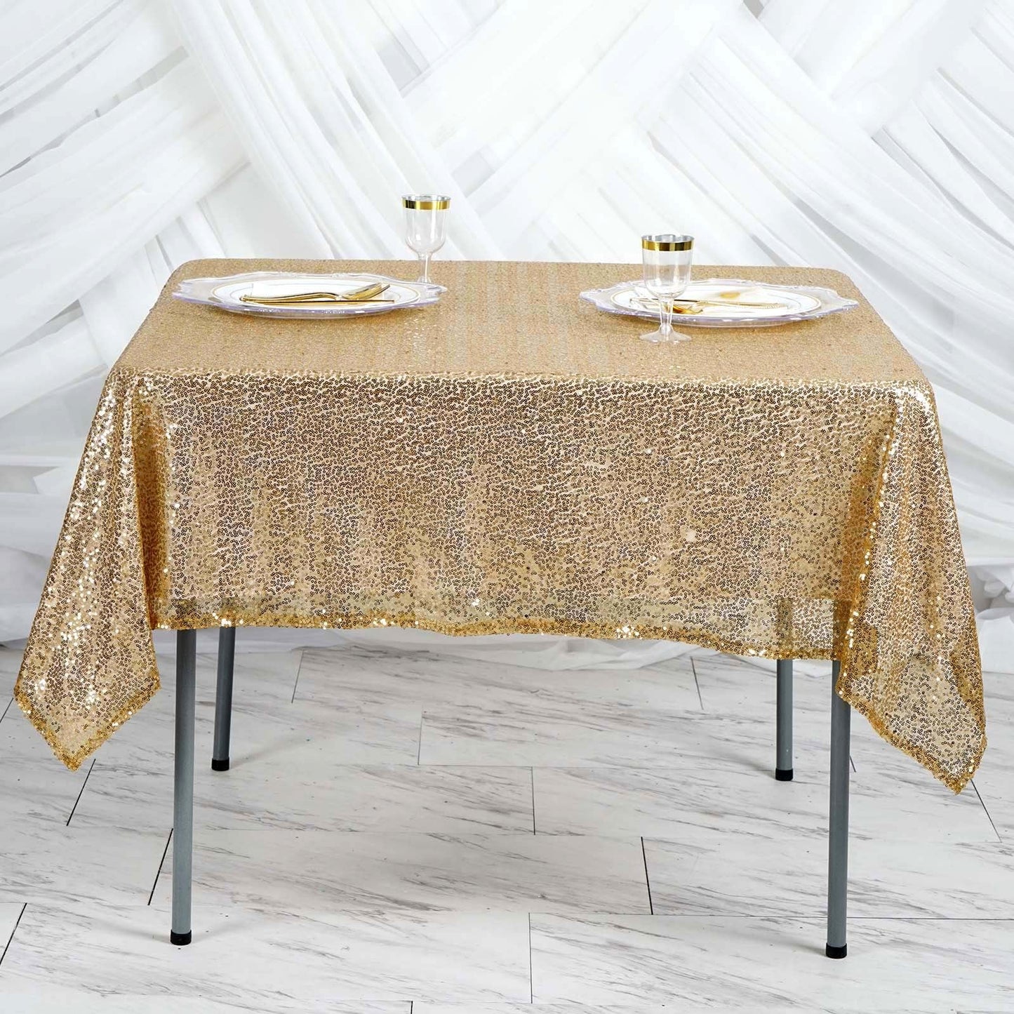 60 Inch x 60 Inch Gold Sequin Square Table Overlay