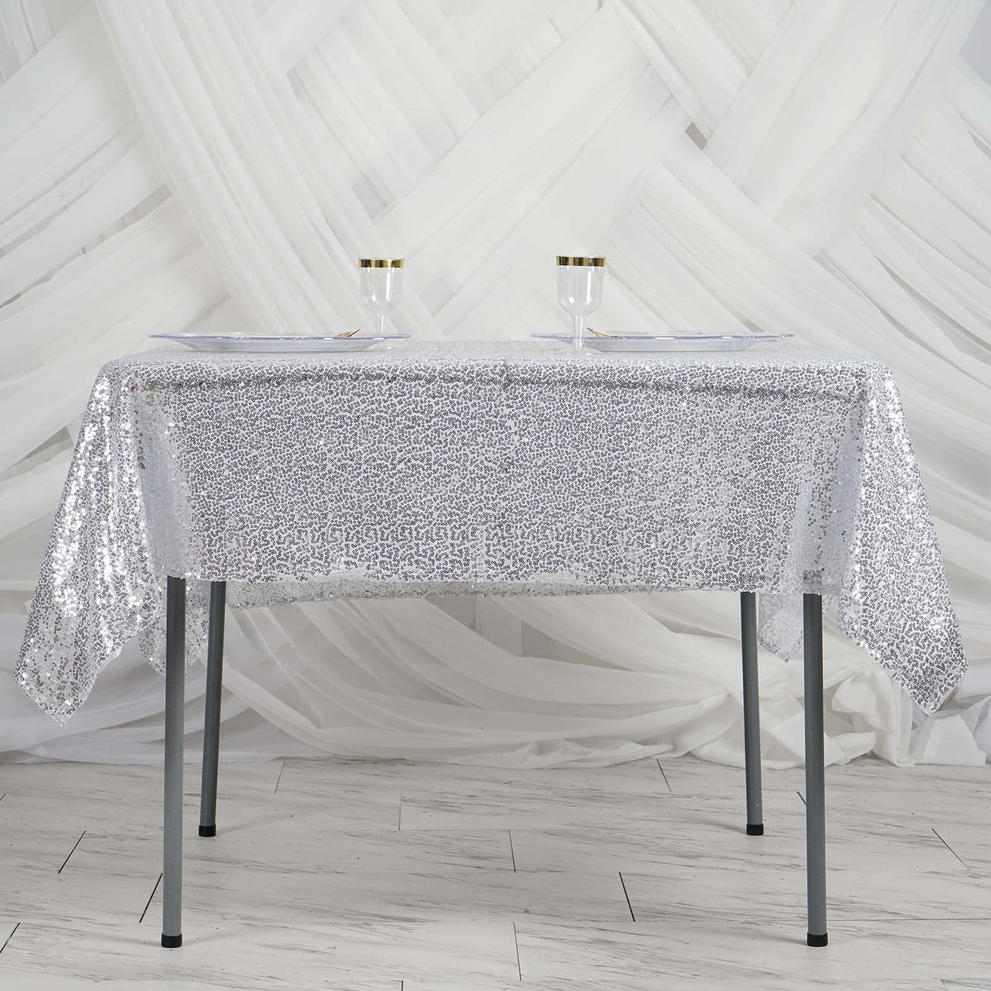 60 Inch x 60 Inch Silver Sequin Square Table Overlay