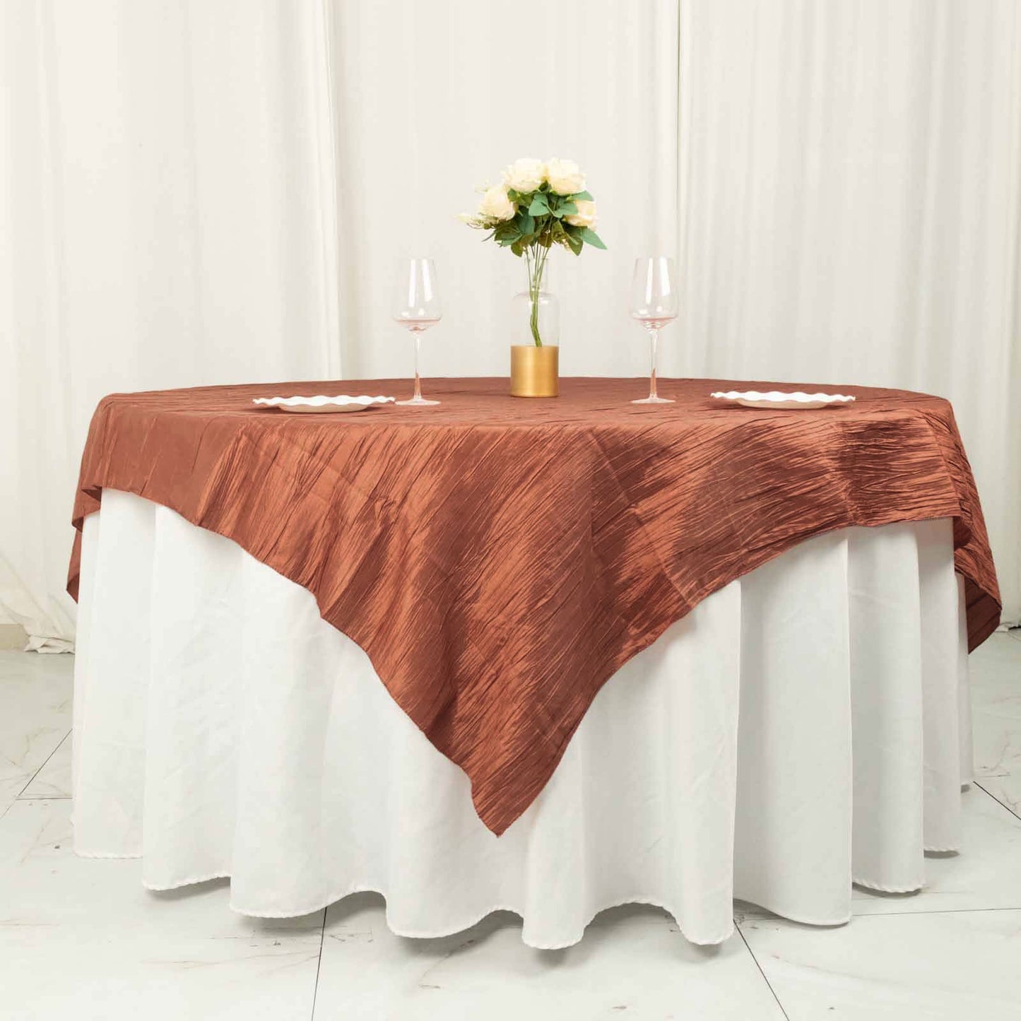 72"x72" Terracotta (Rust) Accordion Crinkle Taffeta Table Overlay, Square Tablecloth Topper