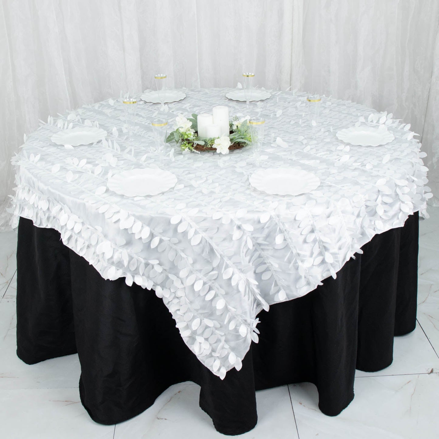 72x72inch White 3D Leaf Petal Taffeta Fabric Table Overlay