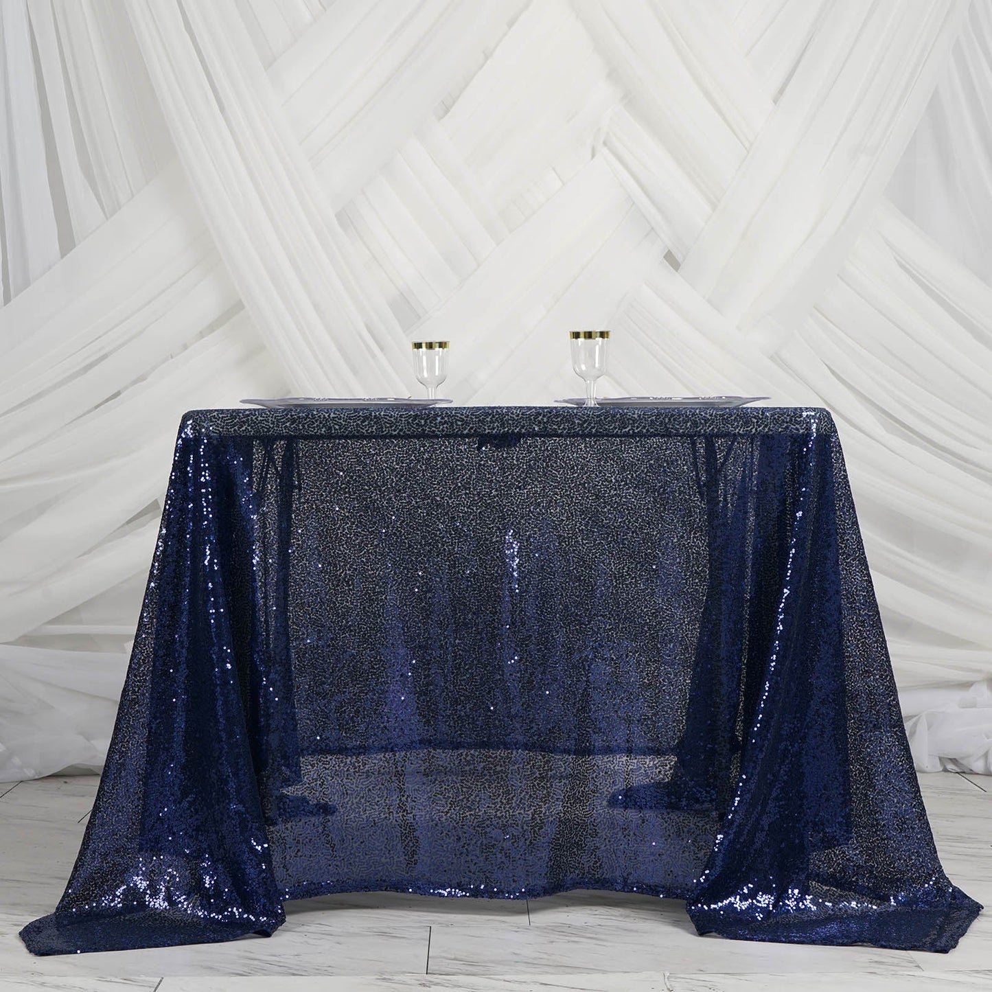 90 Inch x 90 Inch Navy Blue Square Premium Sequin Sparkly Table Overlay