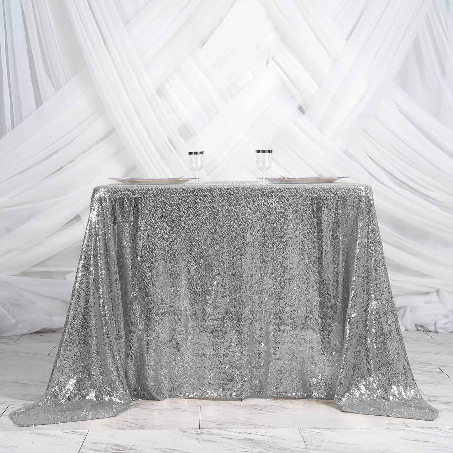 90 Inch x 90 Inch Silver Square Premium Sequin Sparkly Table Overlay