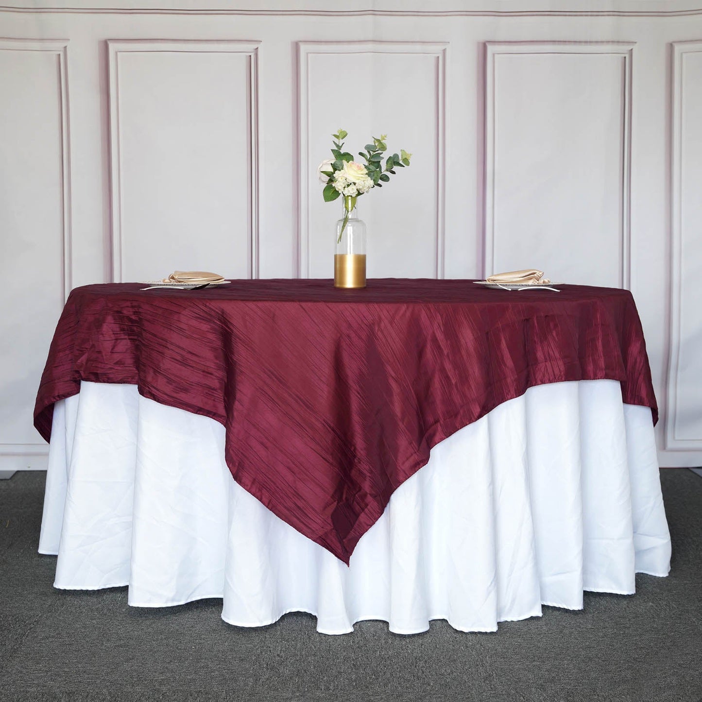 90"x90" Burgundy Accordion Crinkle Taffeta Square Table Overlay