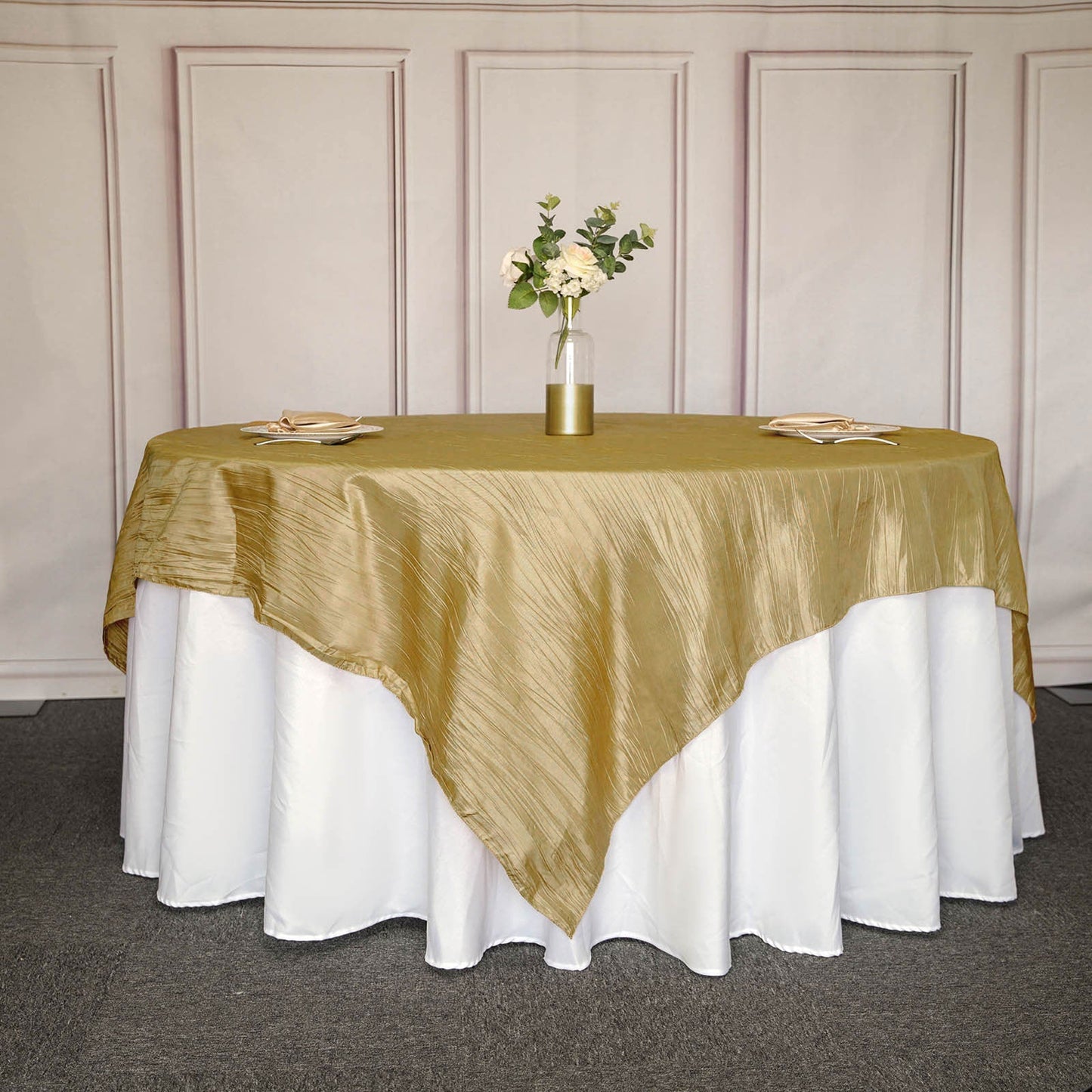 90"x90" Gold Accordion Crinkle Taffeta Square Table Overlay