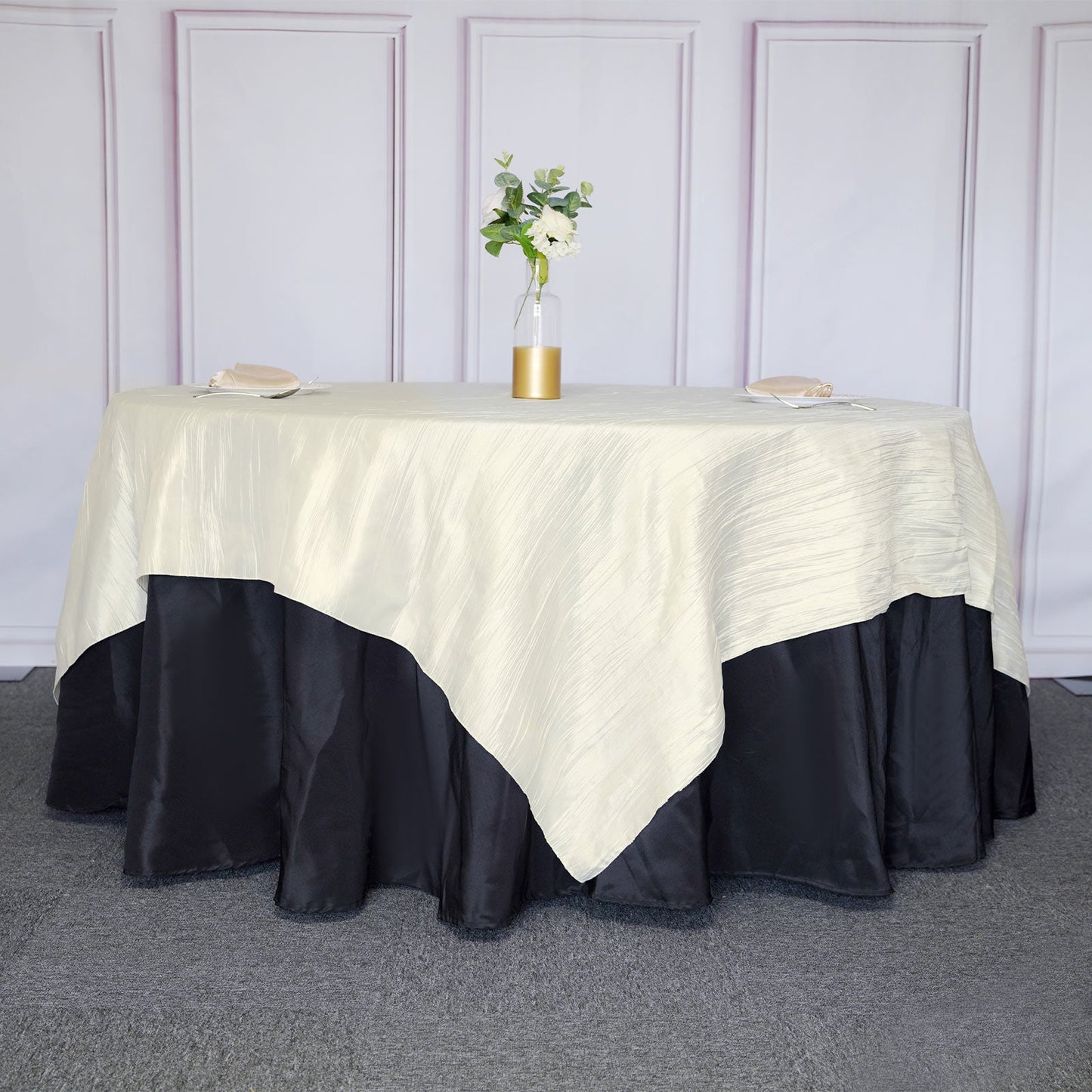 90"x90" Ivory Accordion Crinkle Taffeta Square Table Overlay