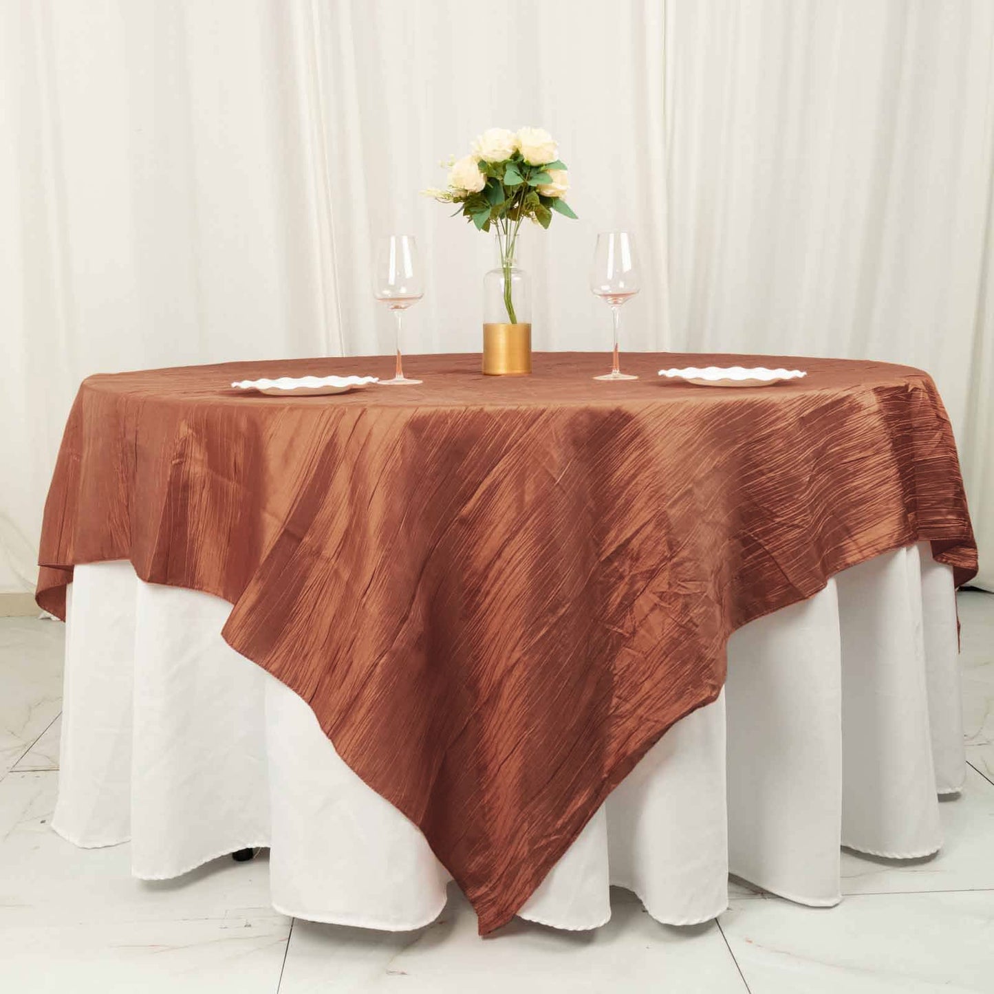 90"x90" Terracotta (Rust) Accordion Crinkle Taffeta Square Table Overlay
