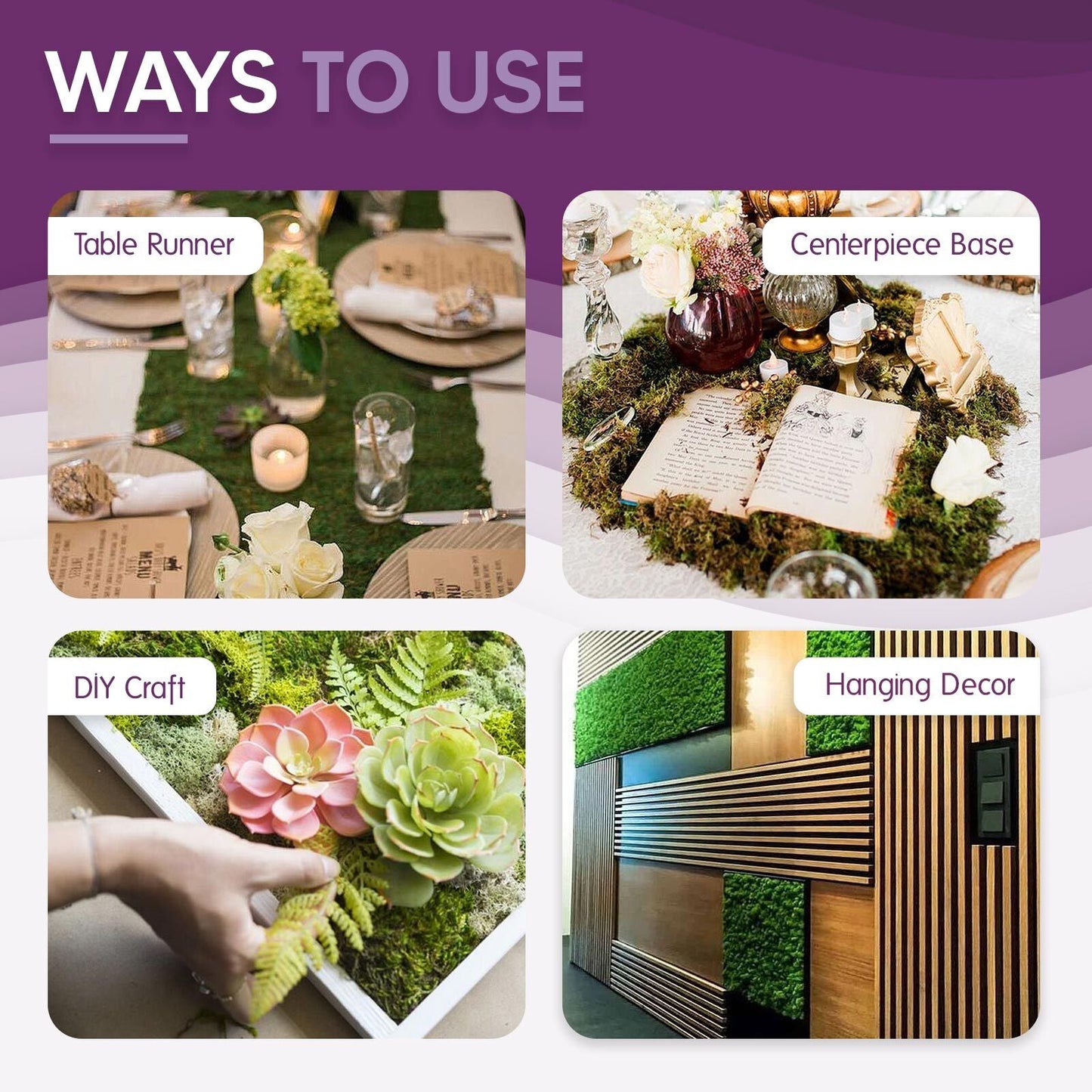 Green preserved moss table runner with fishnet grid for decoration.
