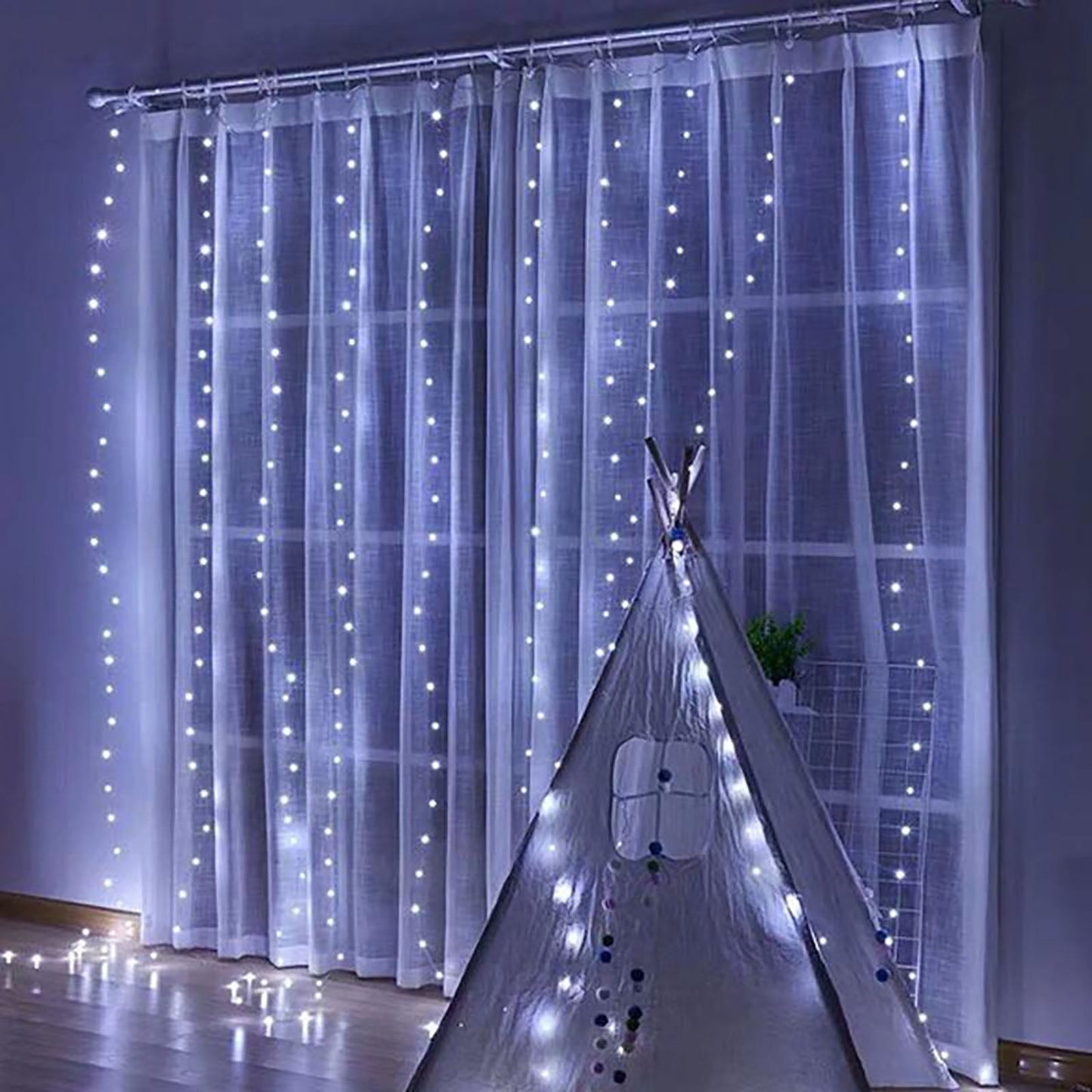 Cool white 300 LED icicle curtain fairy string lights with 8 modes.