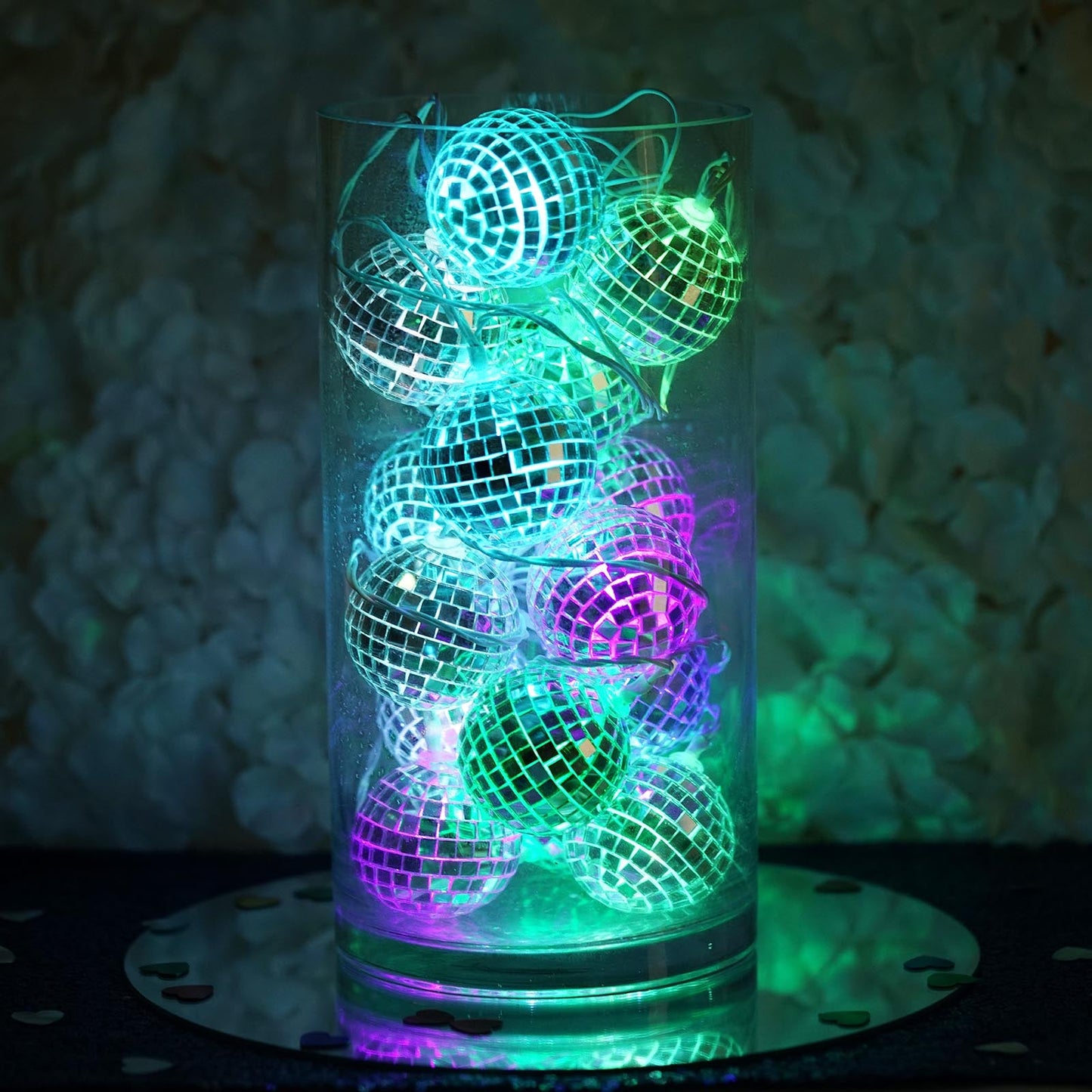 6ft multicolor disco mirror ball string lights in a glass vase.