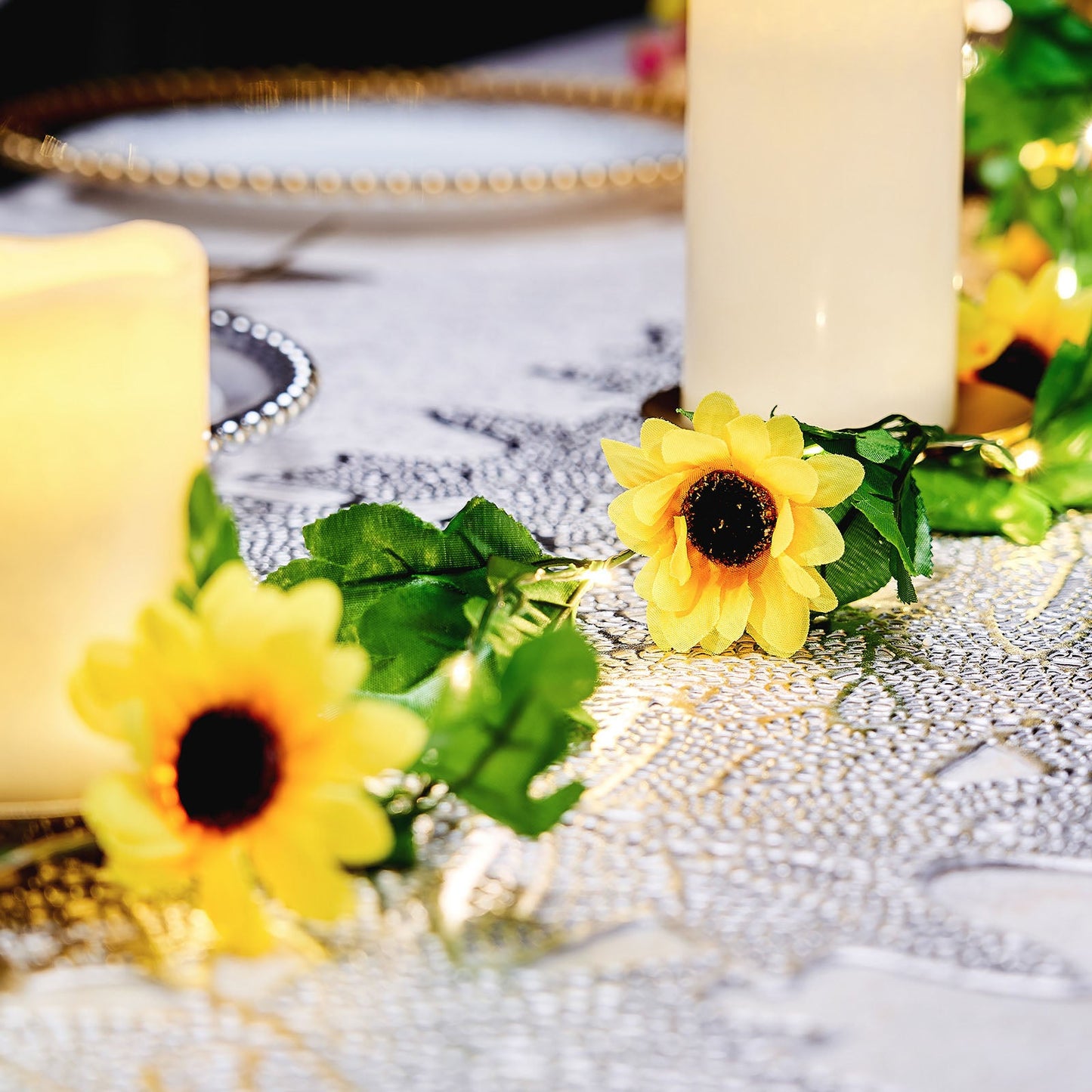 Warm white LED sunflower garland vine lights for decoration.