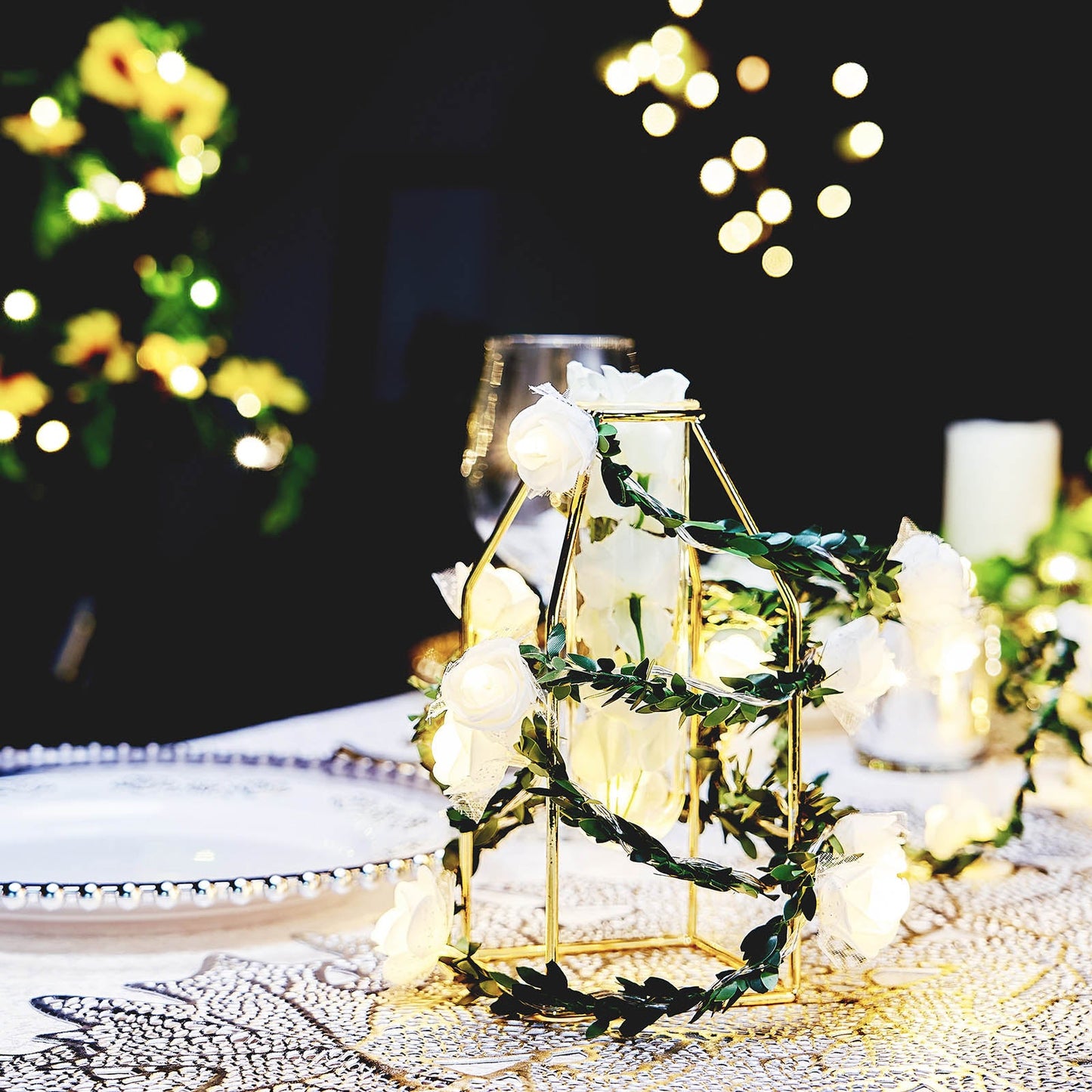 9 Feet Warm White 20 LED Artificial Rose Lace Flower Garland Vine String Lights Battery Powered