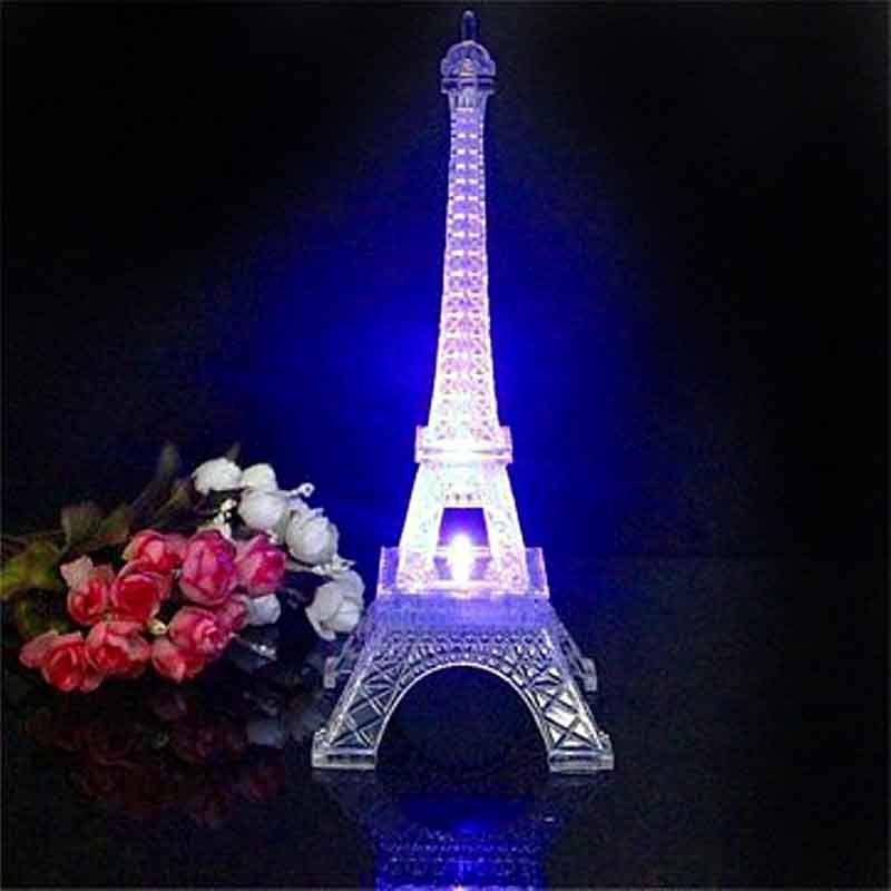 Color changing LED Eiffel Tower centerpiece in blue light.