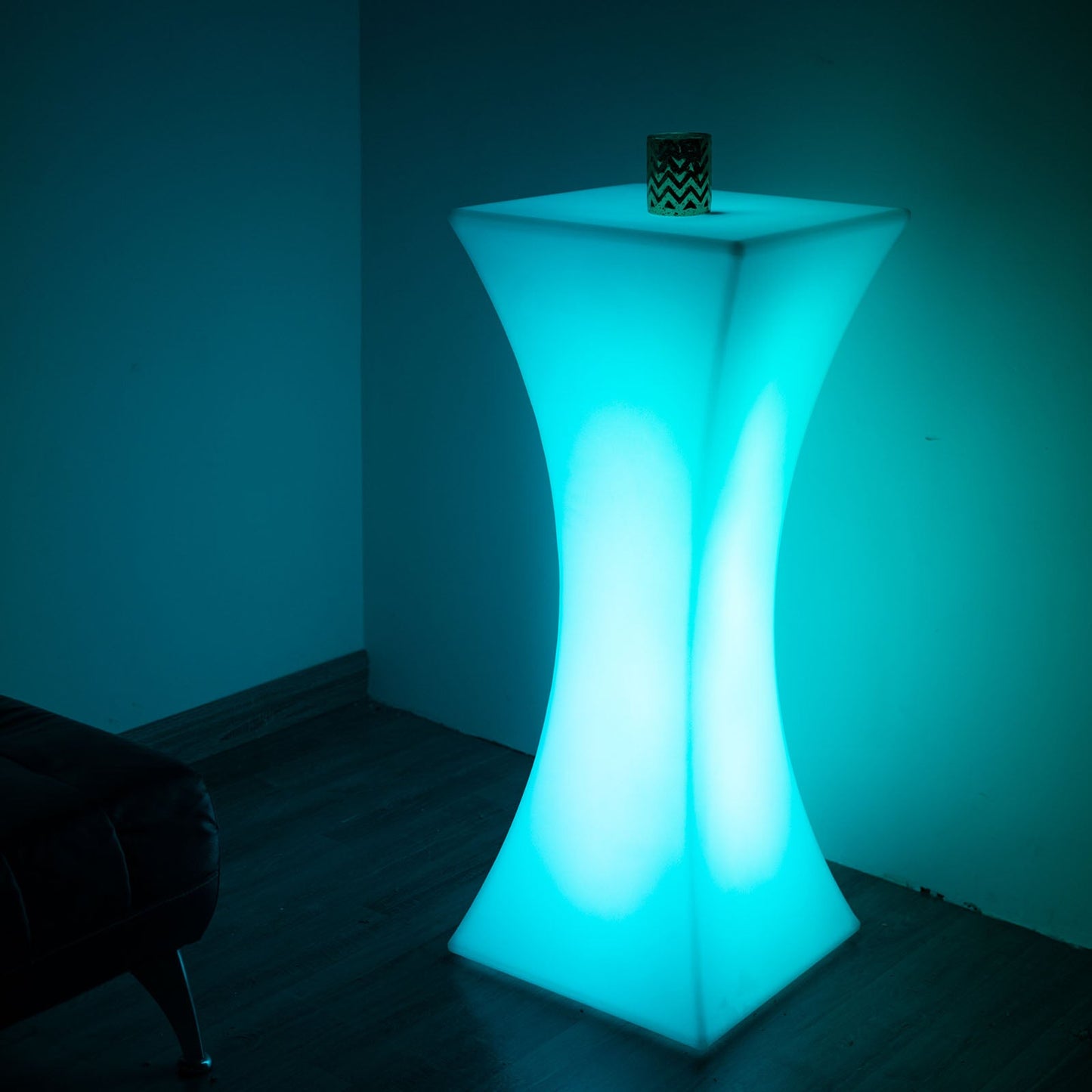 Color changing cordless LED light up cocktail table in aqua blue.