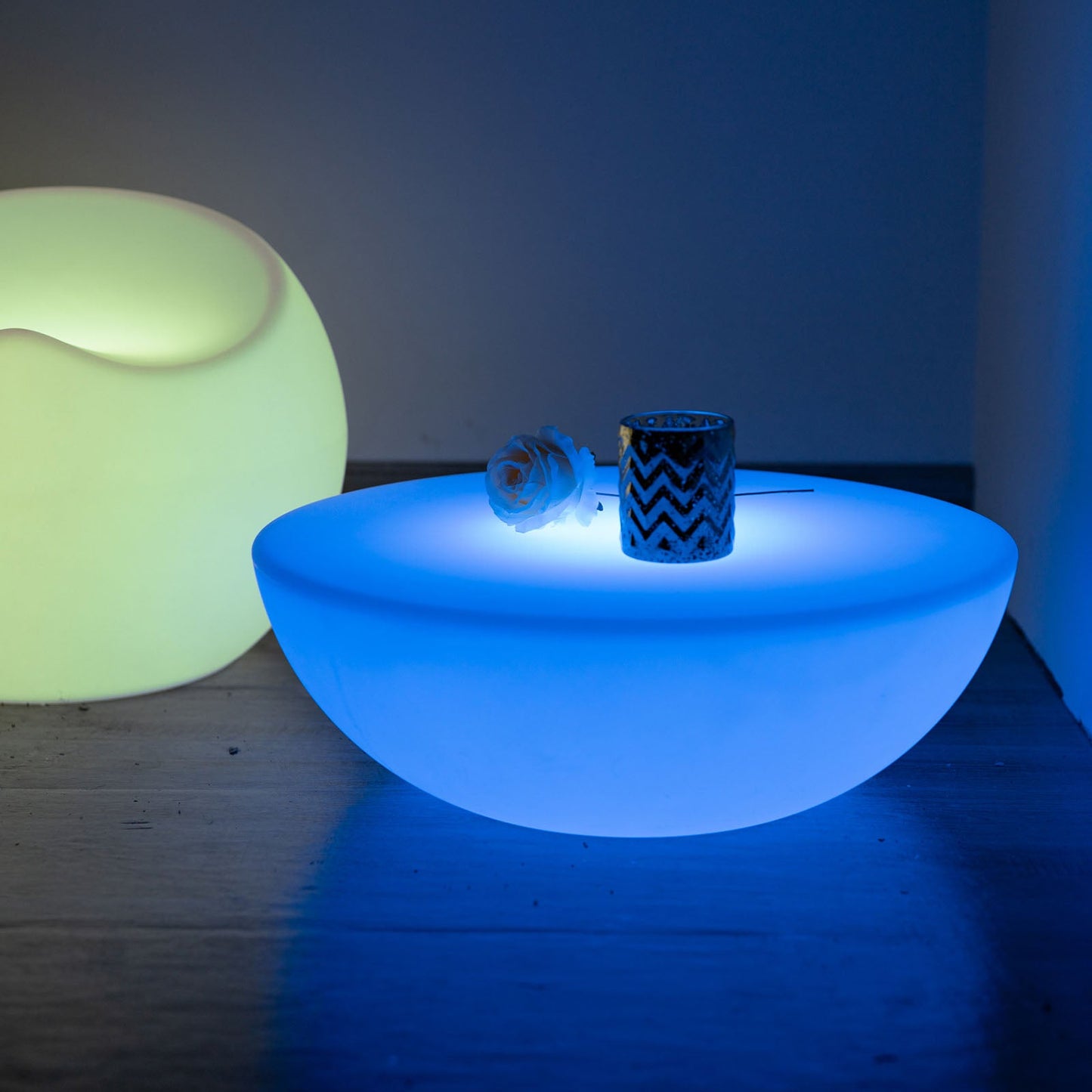 Color Changing Cordless LED Half Circle Table in blue light.