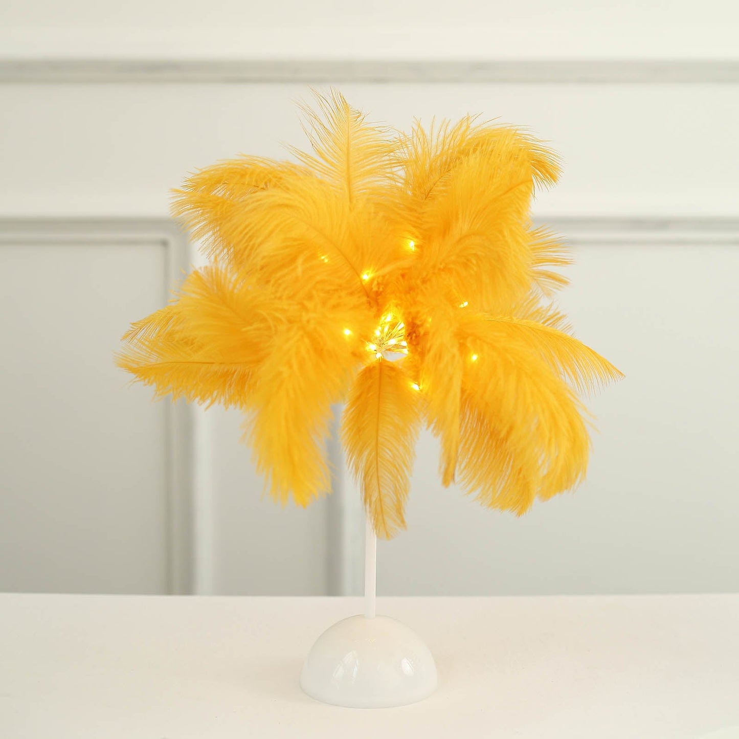 Yellow LED Ostrich Feather Table Lamp Wedding Centerpiece, Cordless Light