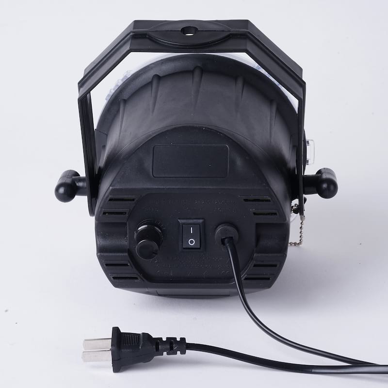 Black 10W LED stage uplight with strobe spotlight functionality and brackets.