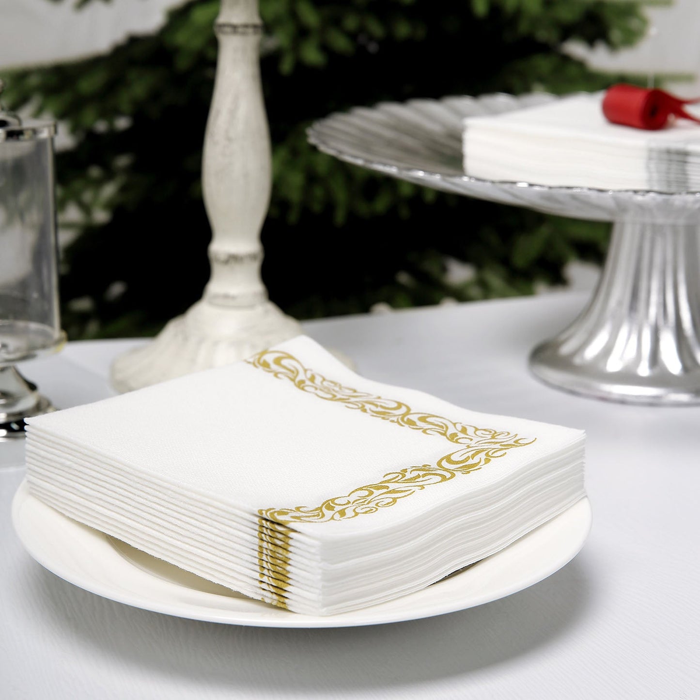 White Airlaid Napkins with Gold Floral Scroll 20 Pack