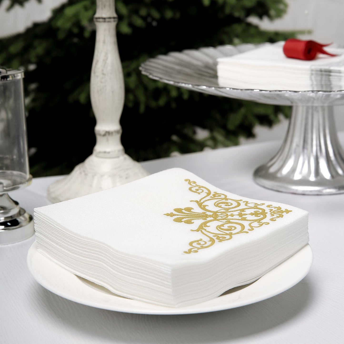 White Paper Napkins with Gold Fleur Vintage Look