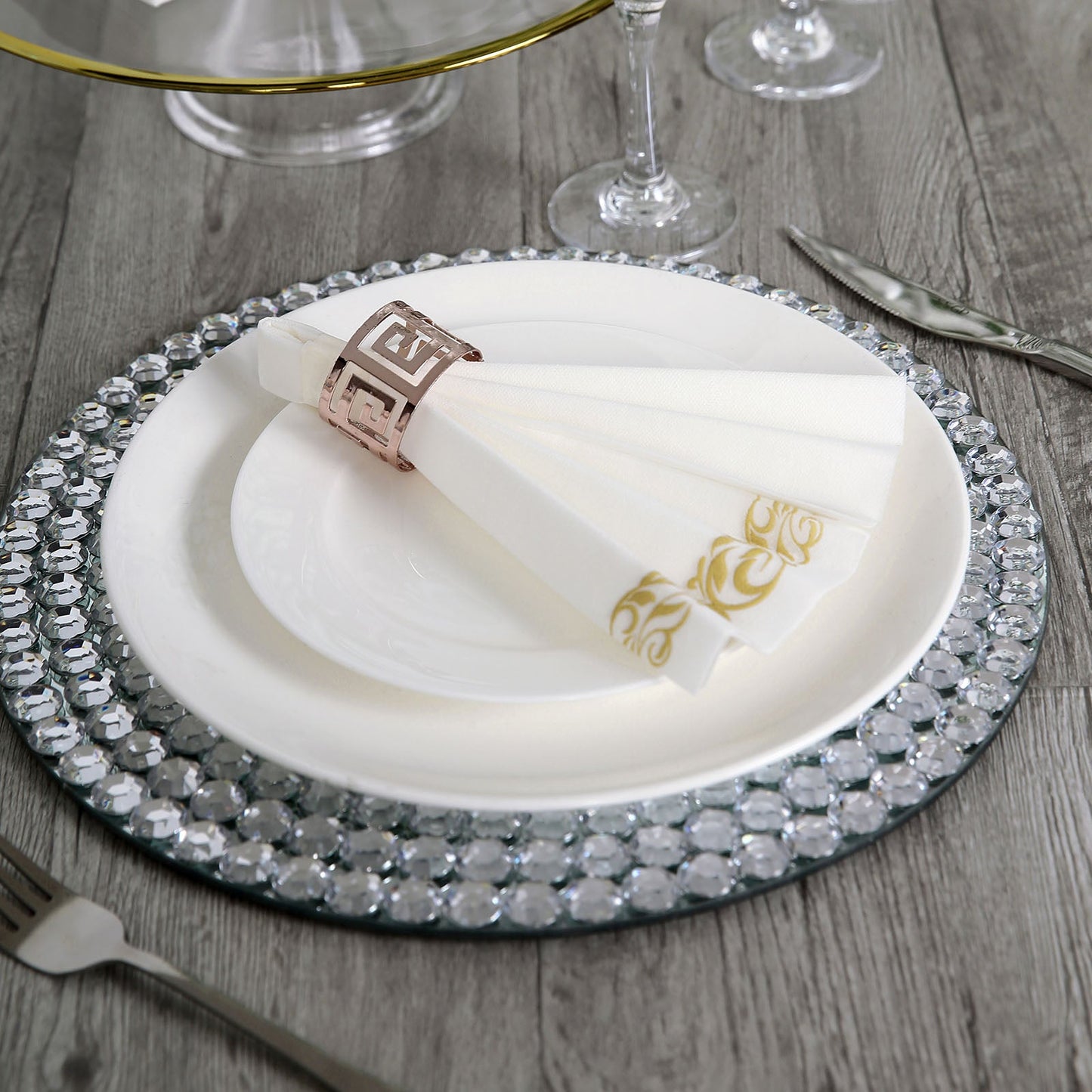 Gold Foil White Airlaid Soft Linen-Feel Paper Dinner Napkins, Disposable Hand Towels - Scroll