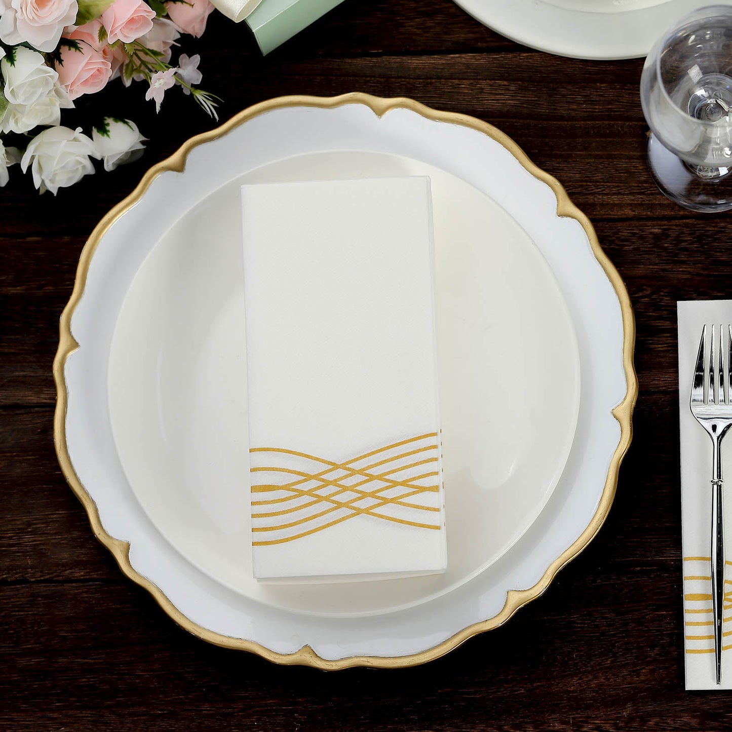 Soft Linen Feel Paper White Napkins With Gold Foil Wave Design