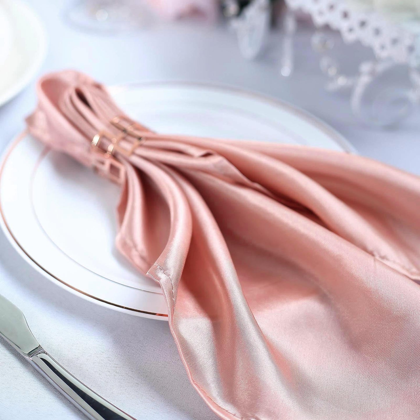 5 Pack Dusty Rose Satin Cloth Napkins with Hemmed Edges, Reusable Dinner Napkins - 20"x20"