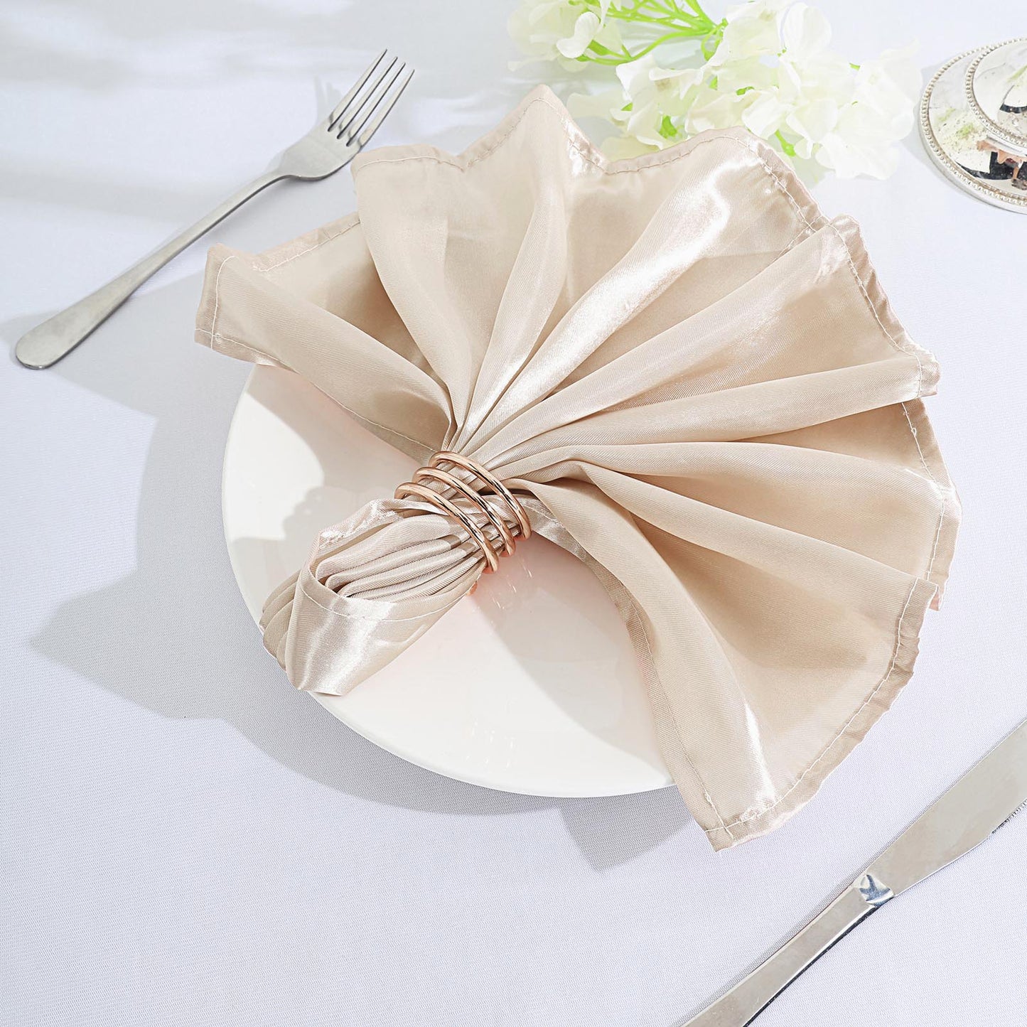 5 Pack Beige Satin Cloth Napkins with Hemmed Edges, Reusable Dinner Napkins - 20"x20"