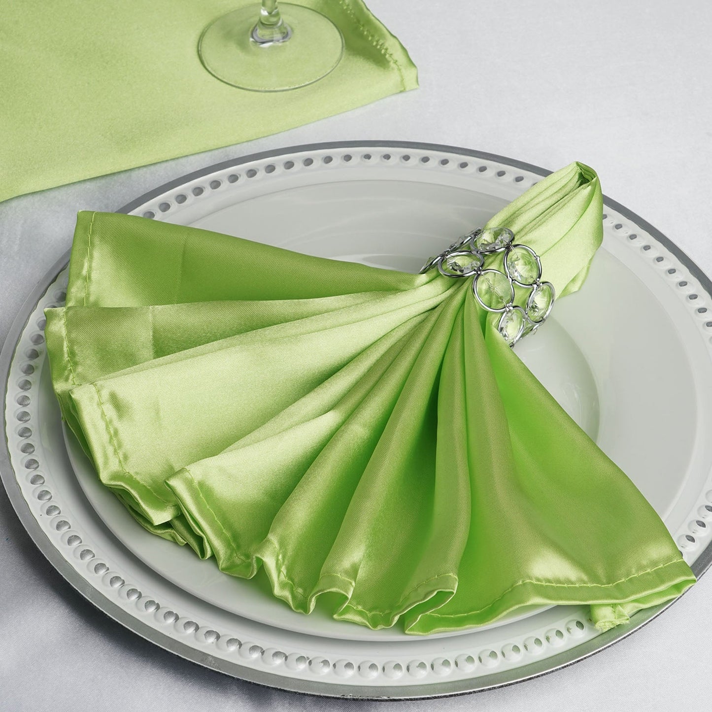 5 Pack Apple Green Satin Cloth Napkins with Hemmed Edges, Reusable Dinner Napkins - 20"x20"