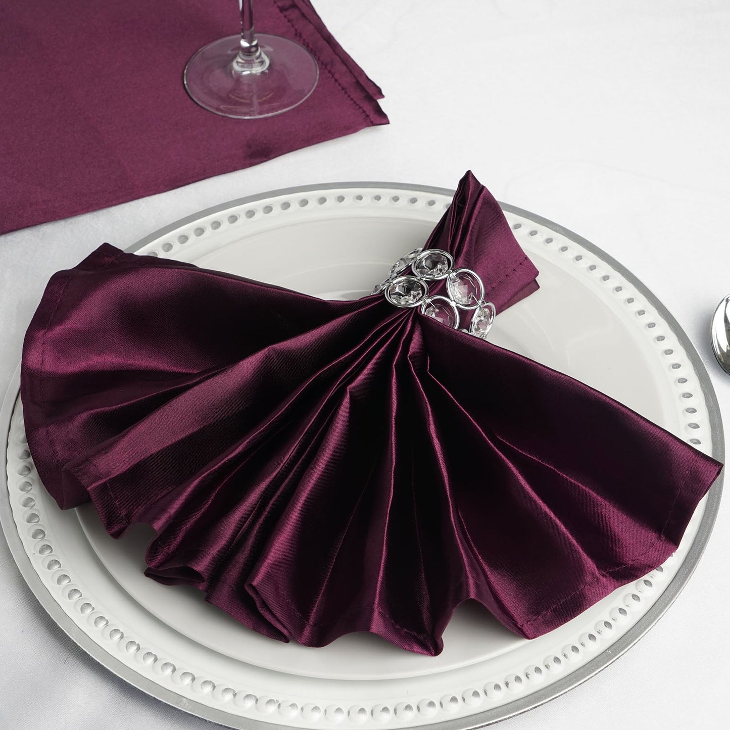 5 Pack Eggplant Satin Cloth Napkins with Hemmed Edges, Reusable Dinner Napkins - 20"x20"