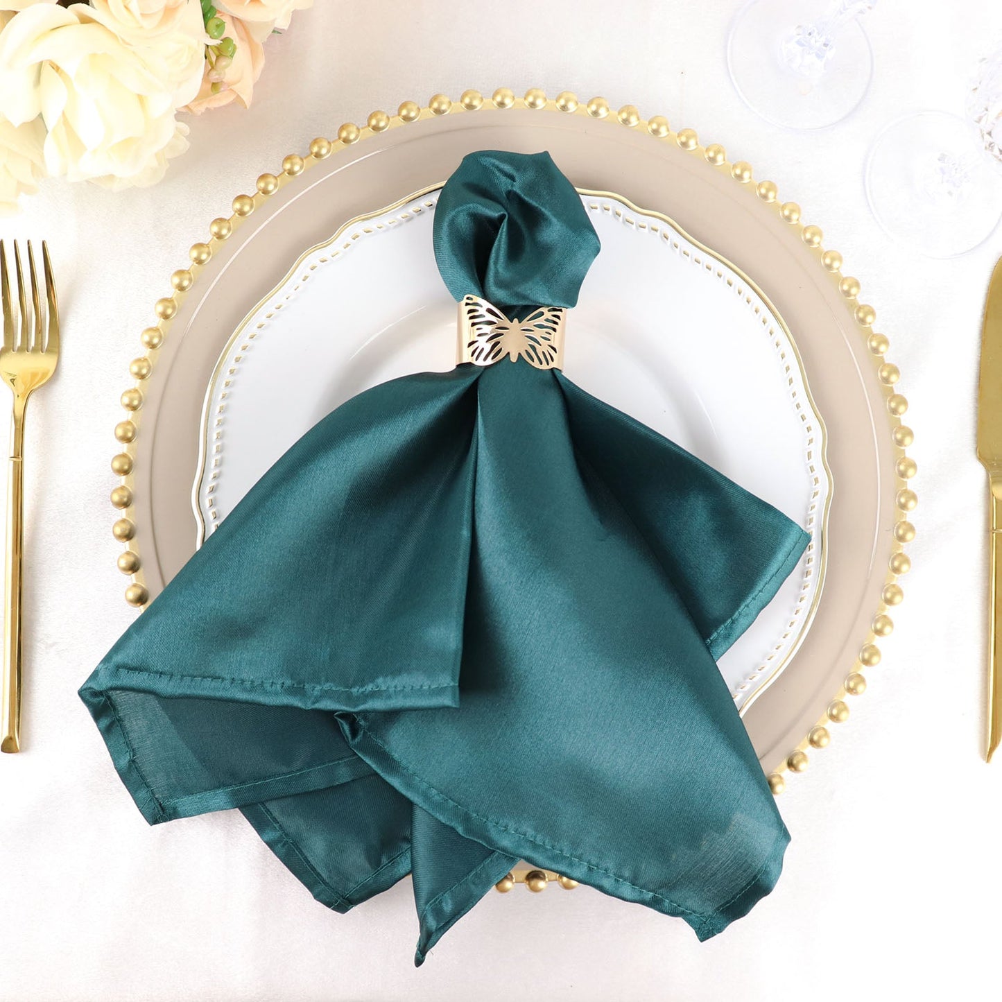 5 Pack Peacock Teal Satin Cloth Napkins with Hemmed Edges, Reusable Dinner Napkins - 20"x20"