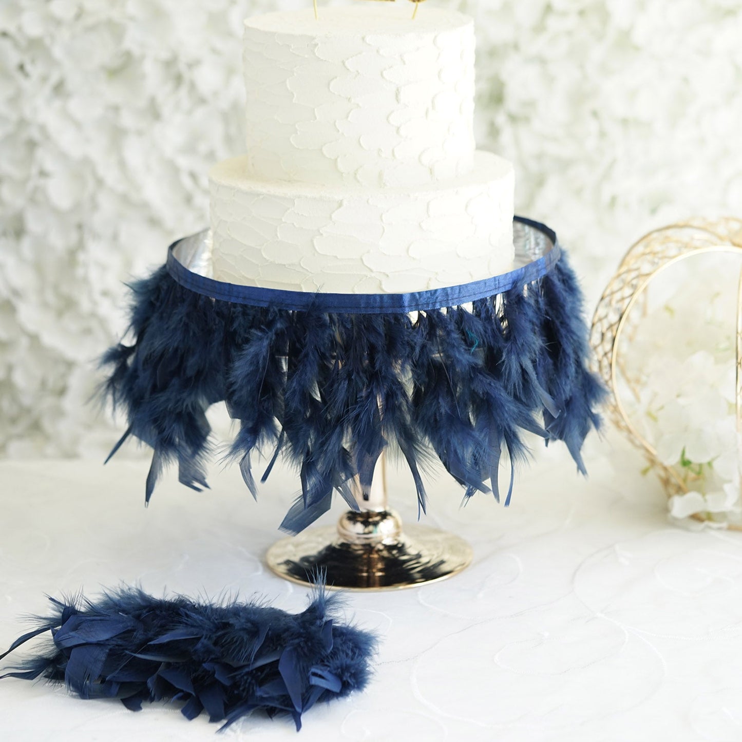 Turkey Feather Fringe Trim Navy Blue 39 Inch Real with Satin Ribbon Tape