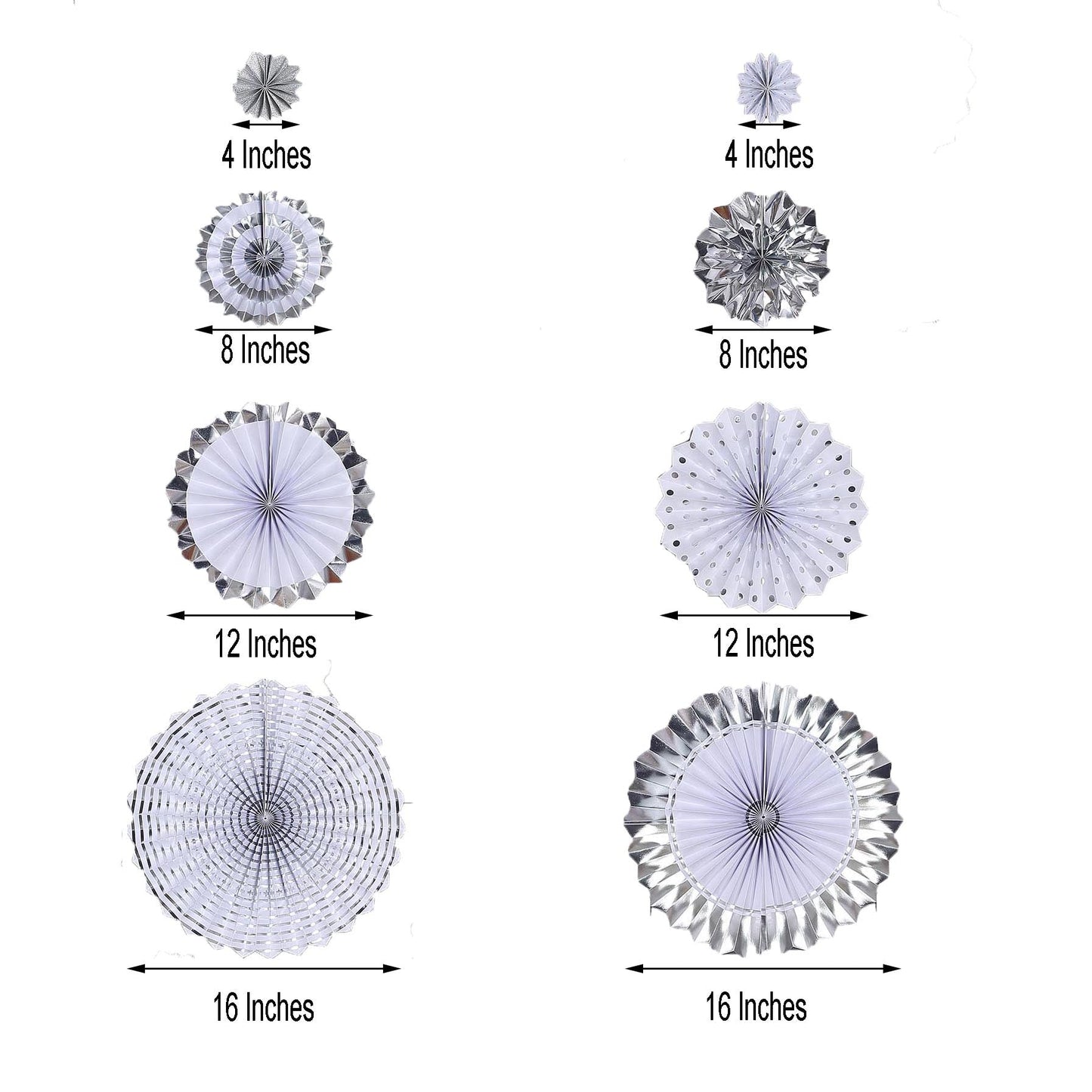 Silver and white hanging paper fan decorations set of 8 in various sizes.