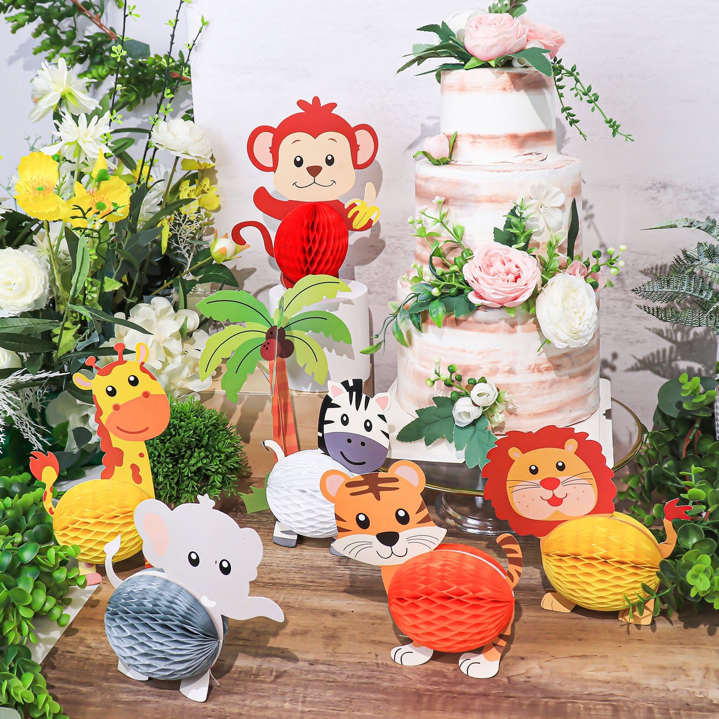 Colorful 3D jungle safari animal tissue honeycomb table scatters decorations set.