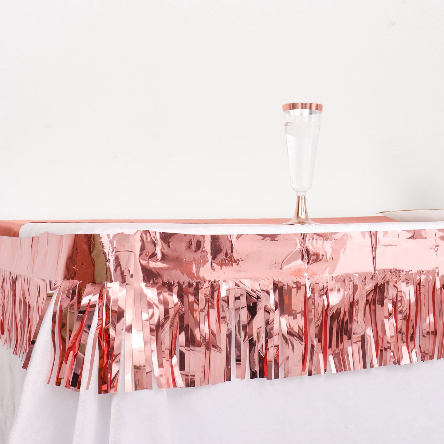 16ft metallic rose gold foil tassel fringe backdrop banner with tinsel garland decor