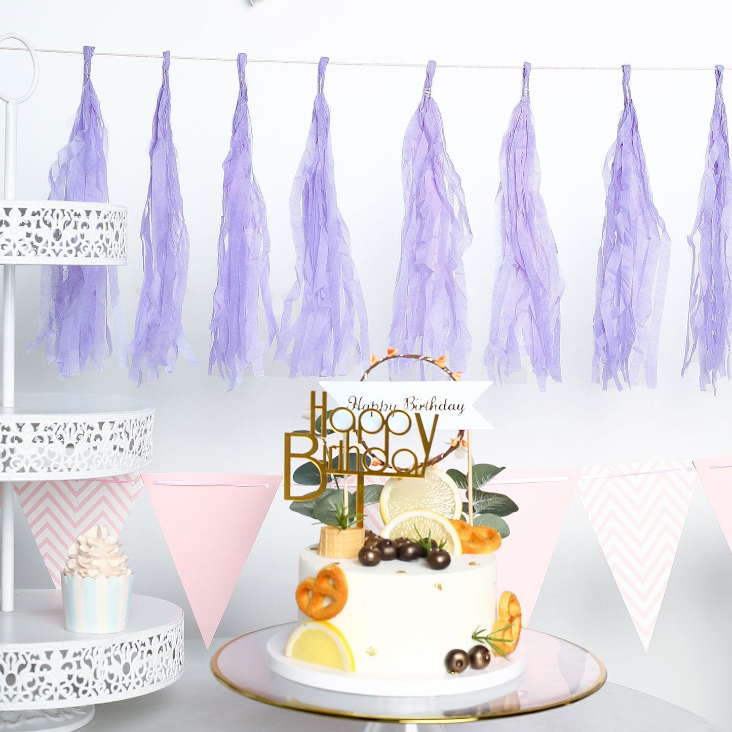 Pre-tied lavender lilac paper fringe tassels hanging banner decoration.