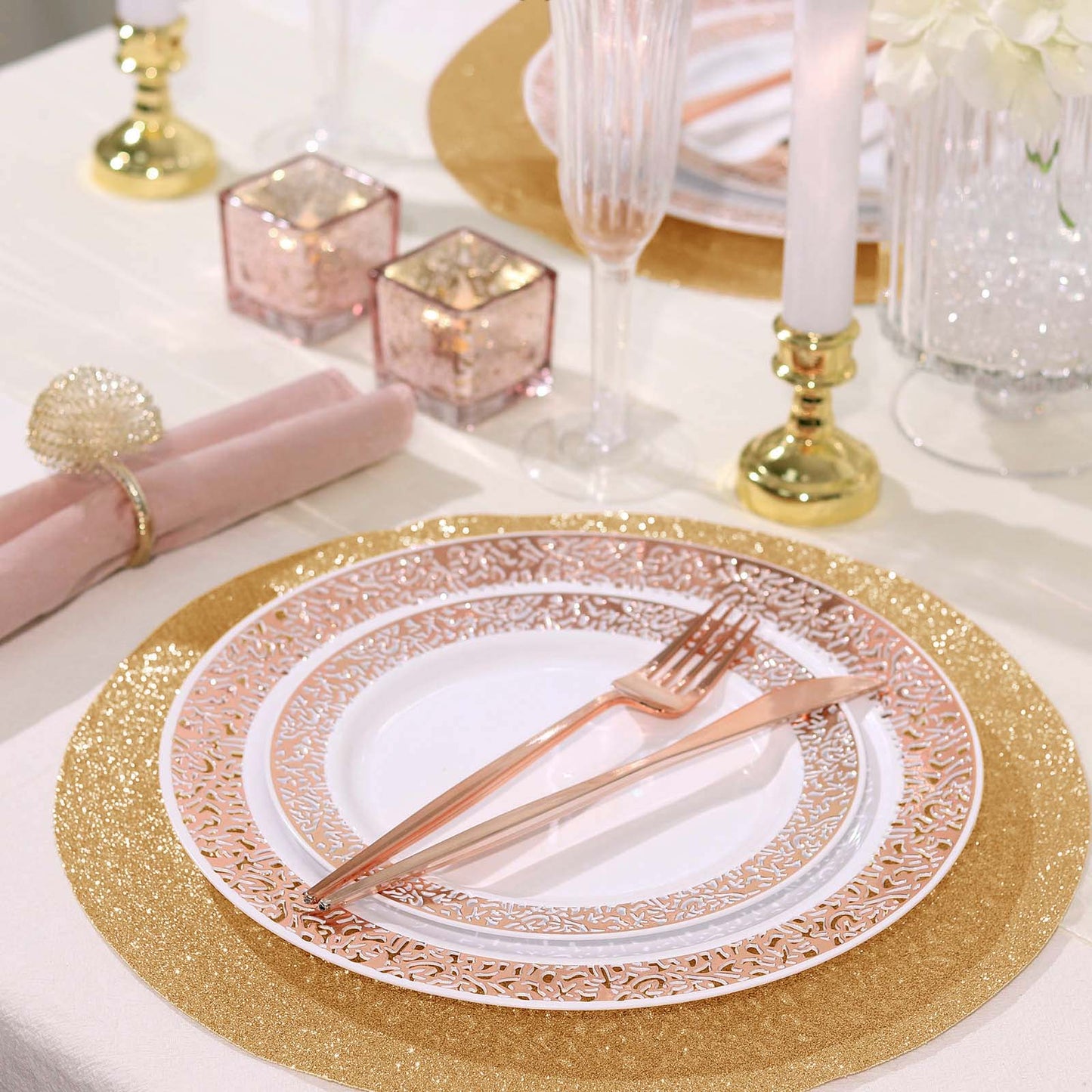 Champagne sparkle round glitter placemats for elegant table settings.