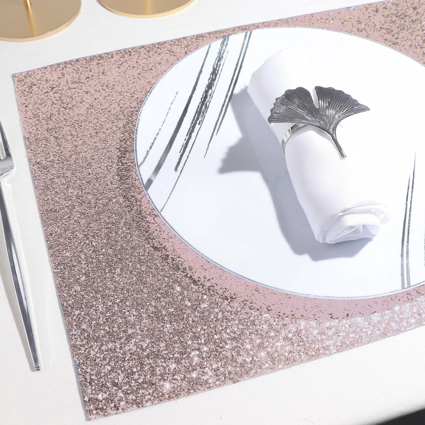6 Pack of Blush Rose Gold Non Slip Decorative Table Mats with Sparkle