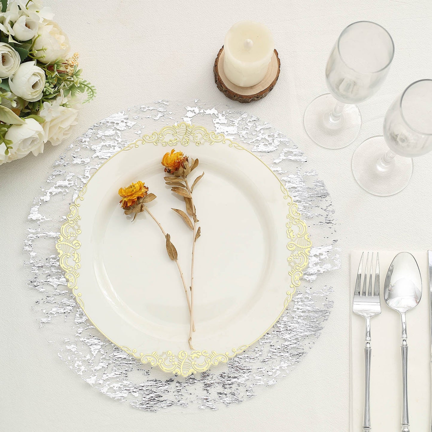 13" Metallic Silver Foil Mesh Disposable Table Placemats on a dining table.