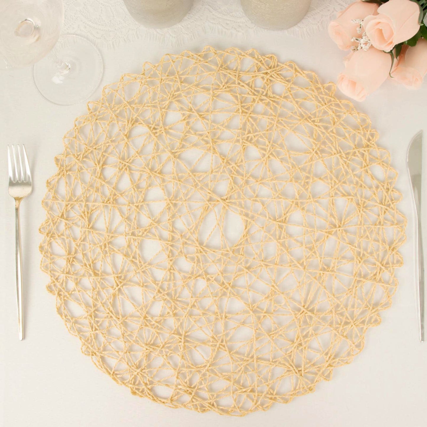15 Inch Paper Fiber Beige Woven Round Placemats- 6 Pack