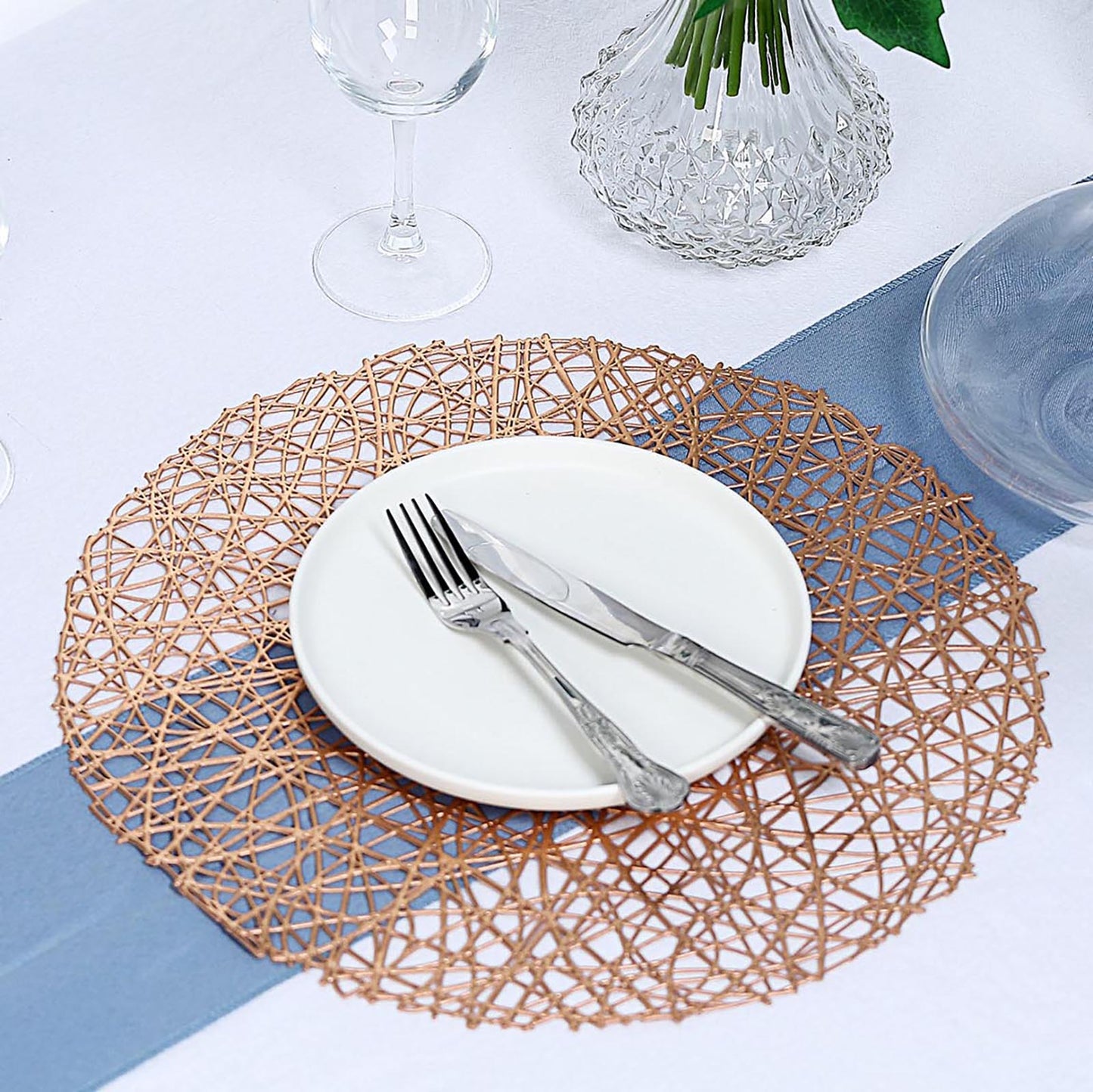 Non Slip Surface 6 Pack Round 15 Inch Blush & Rose Gold Woven Vinyl Placemats