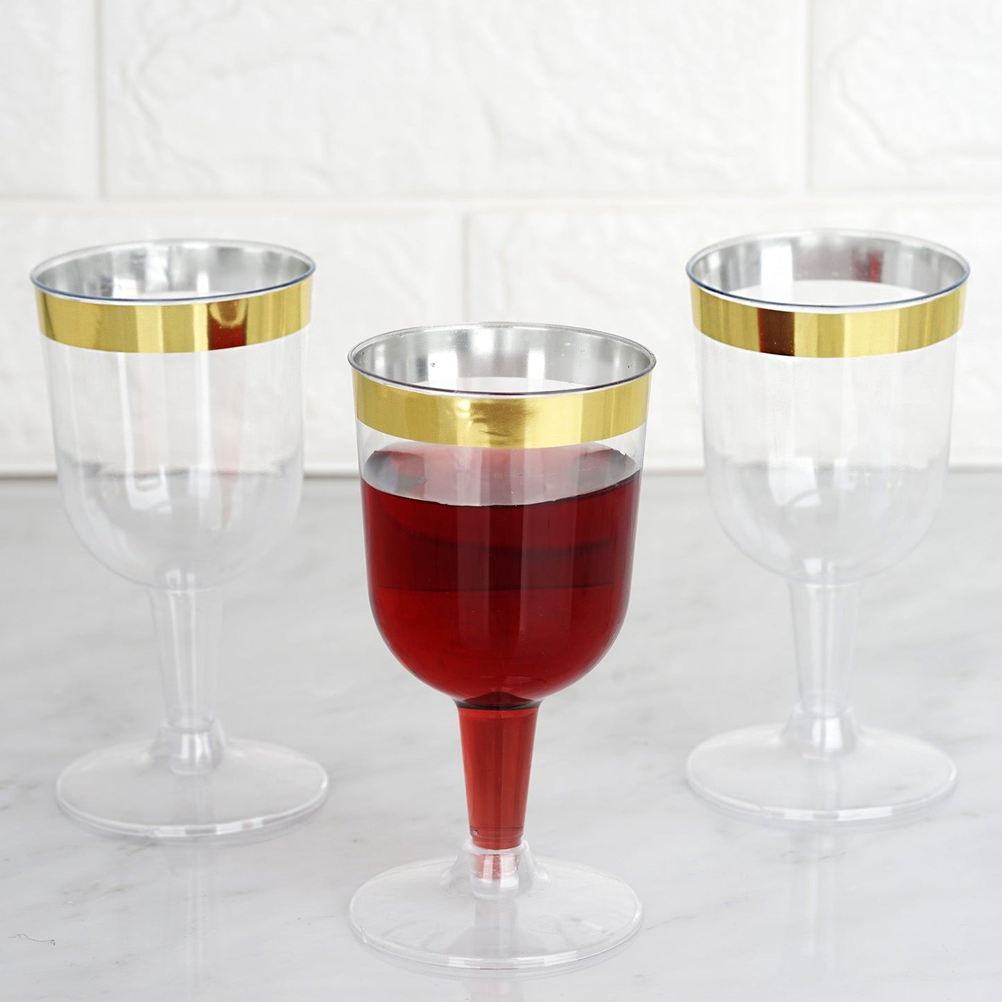 12 Pack | 6oz Clear / Gold Rim Short Stem Plastic Wine Glasses Disposable Cups