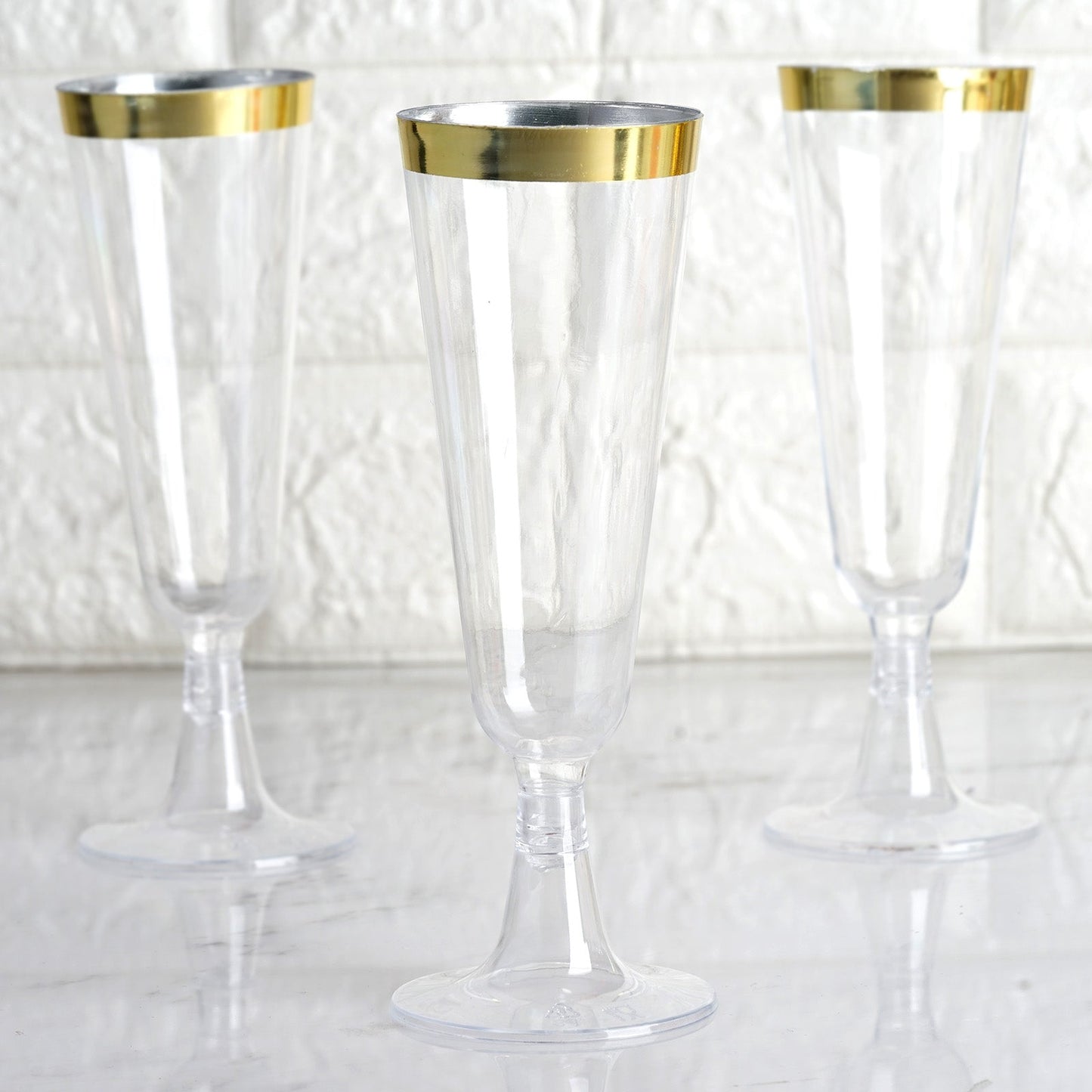 12 Pack | 5oz Gold Rim Clear Short Stem Plastic Champagne Glasses, Disposable Trumpet Flutes
