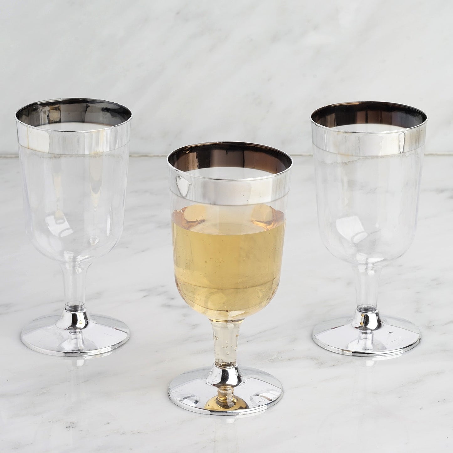 Disposable Plastic Clear 6 oz Short Stem Wine Glasses With Chrome Silver Rim