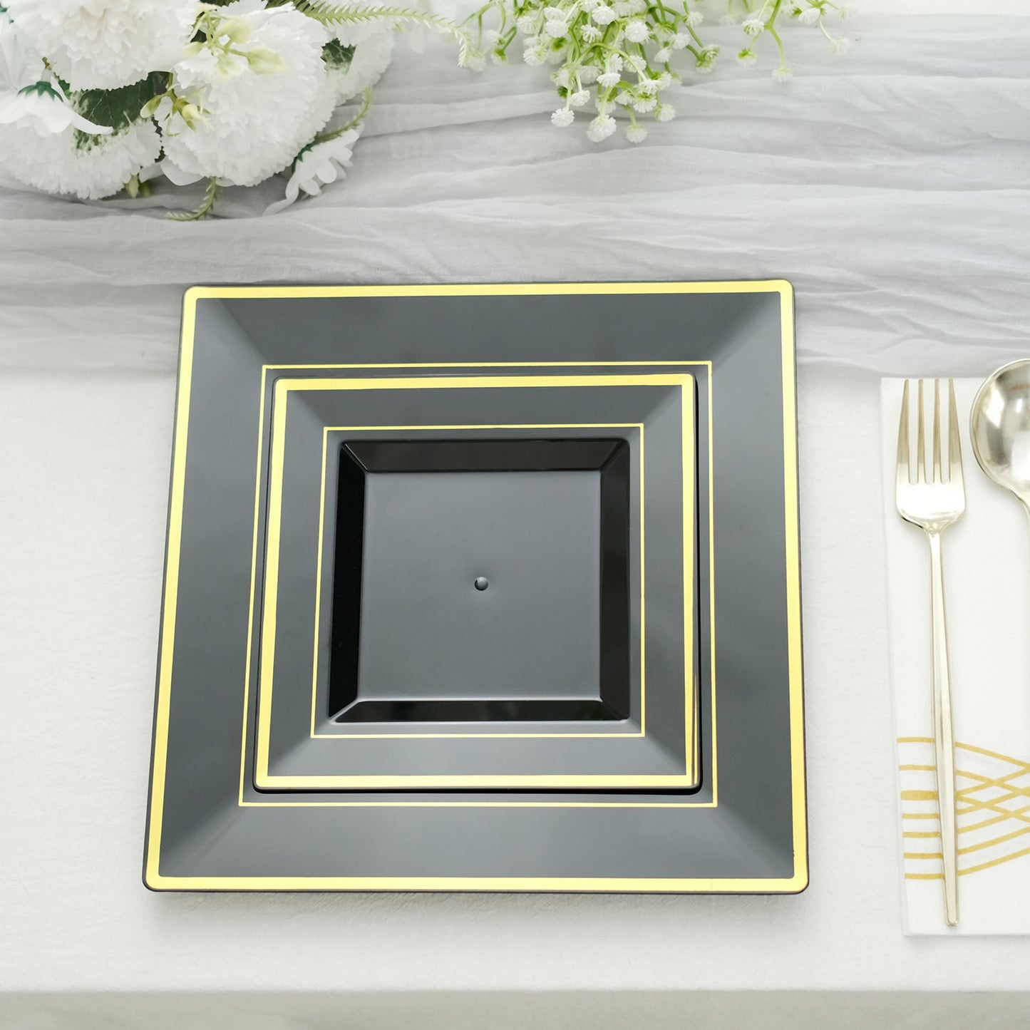 10 Pack Square Black 7 Inch Plastic Dessert Plates Gold Trim
