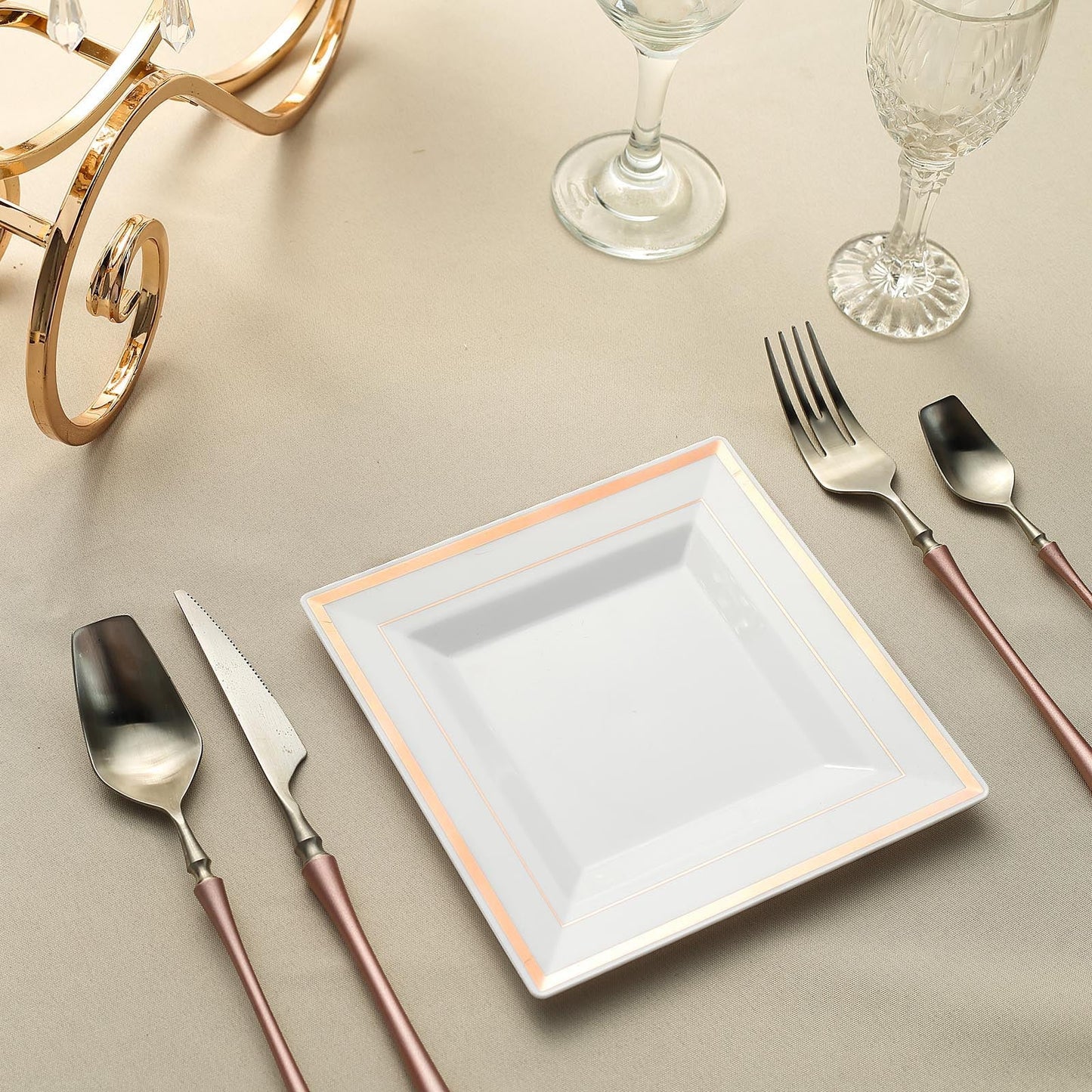 10 Pack - 7inch Rose Gold Trim White Square Plastic Salad Dessert Plates