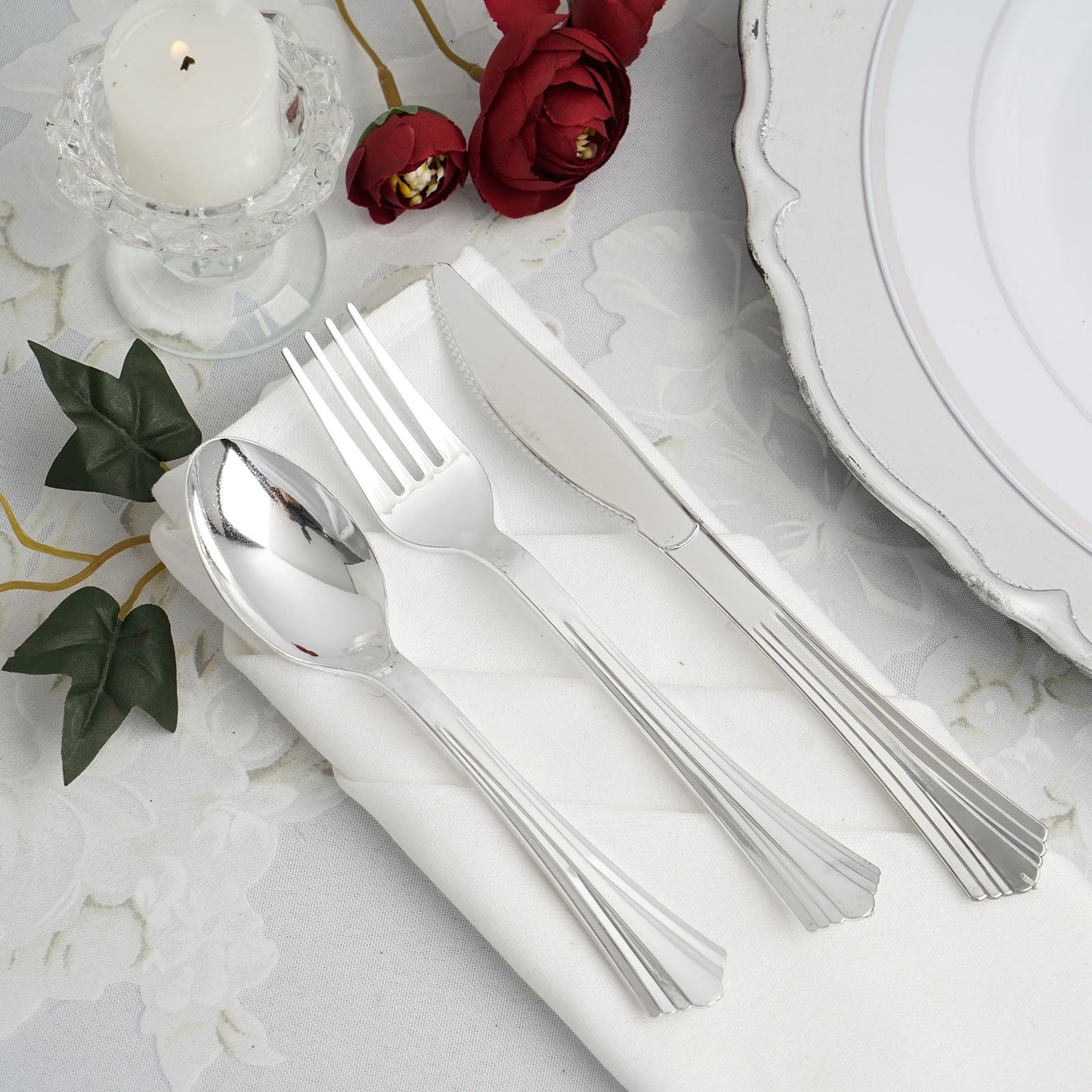 Silver Heavy Duty Plastic Classic Silverware Set 7 Inch 6 Inch 24 Pack