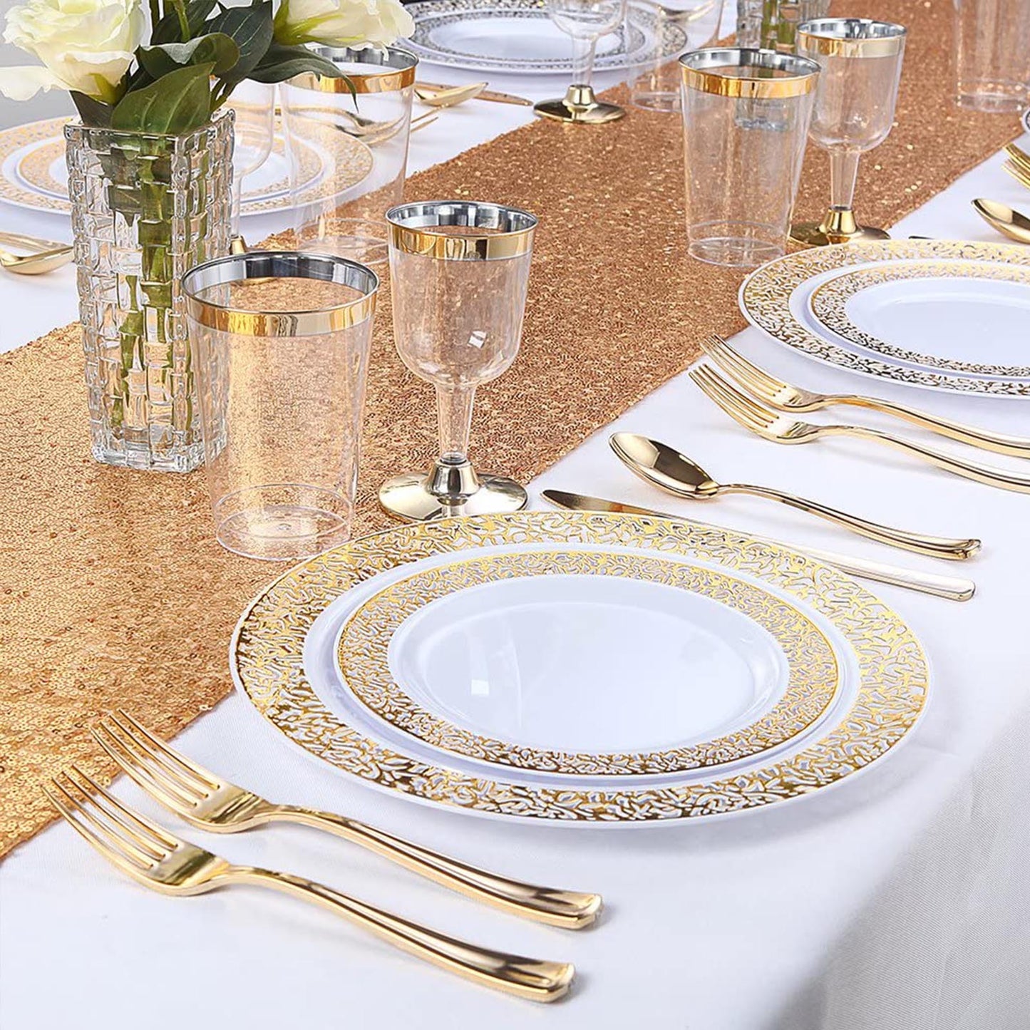 Metallic gold disposable cutlery set on an elegant table setting.