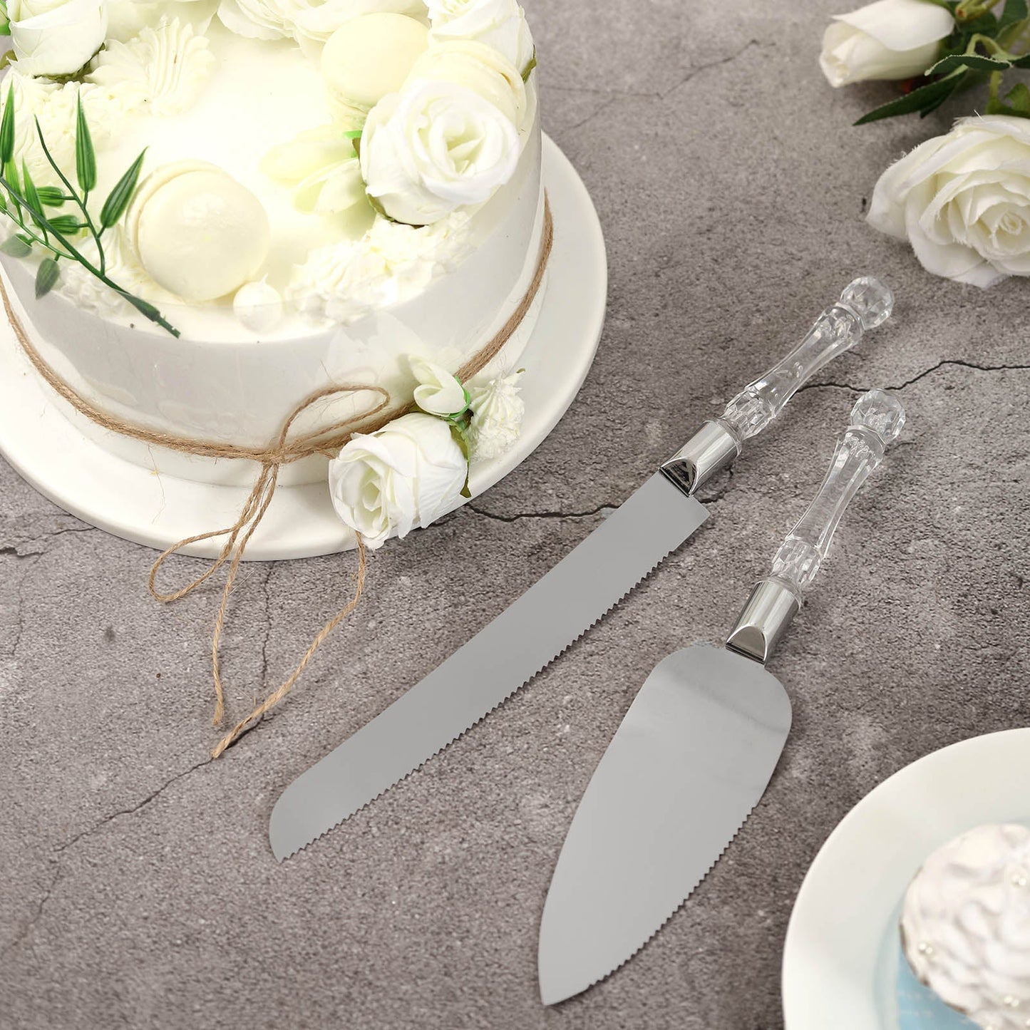 Stainless Steel Treat Candy Dishes Knife & Server Set With Clear Acrylic Handle Free Gift Box